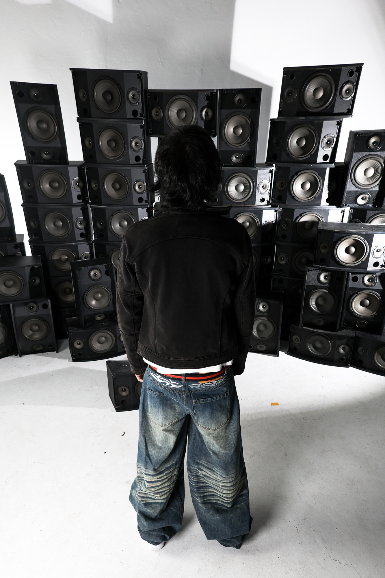 PCCVISION Washed Spliced Wrinkled Baggy Jeans