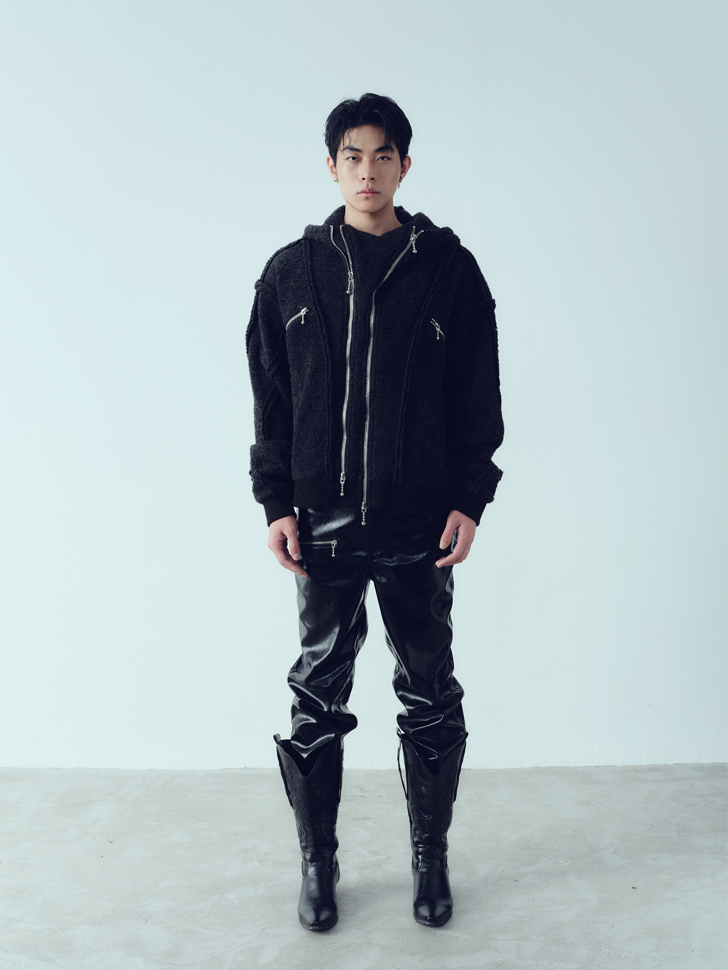 KADAKADA Wooly Raw-Stitch Panel Hooded Jacket