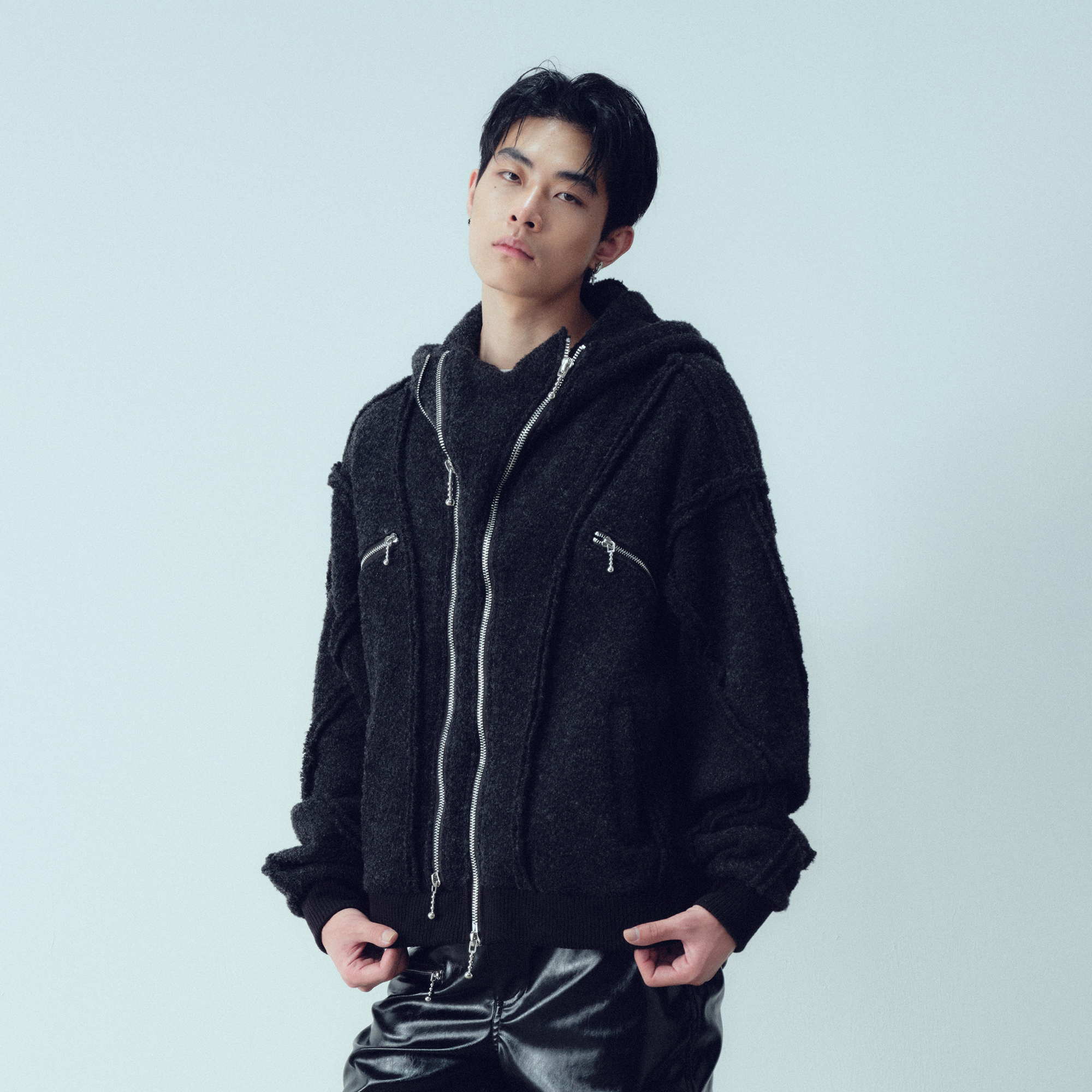 KADAKADA Wooly Raw-Stitch Panel Hooded Jacket
