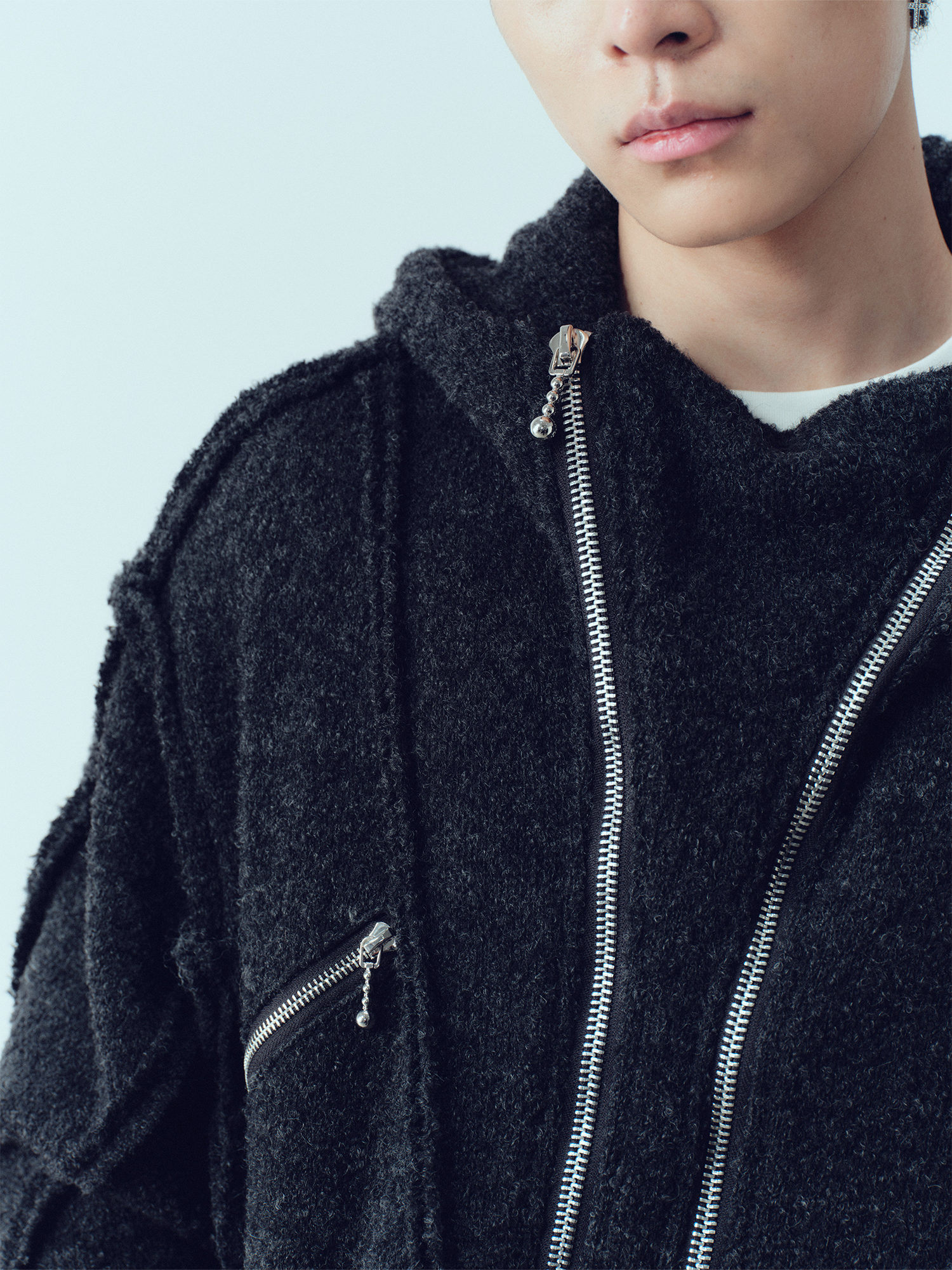 KADAKADA Wooly Raw-Stitch Panel Hooded Jacket