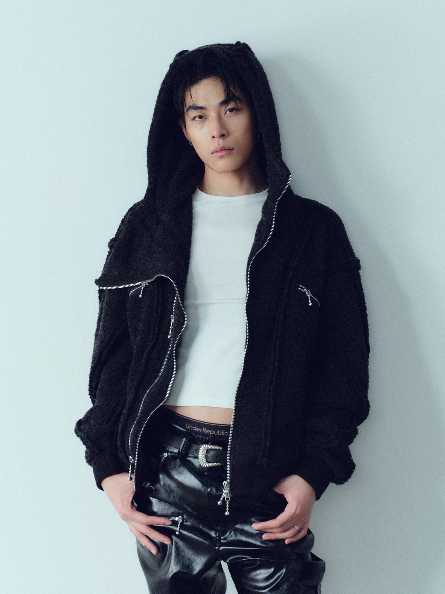 KADAKADA Wooly Raw-Stitch Panel Hooded Jacket