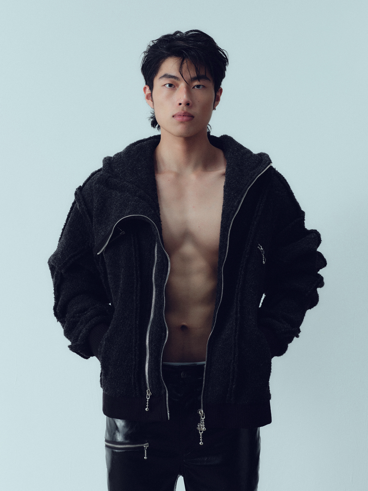 KADAKADA Wooly Raw-Stitch Panel Hooded Jacket