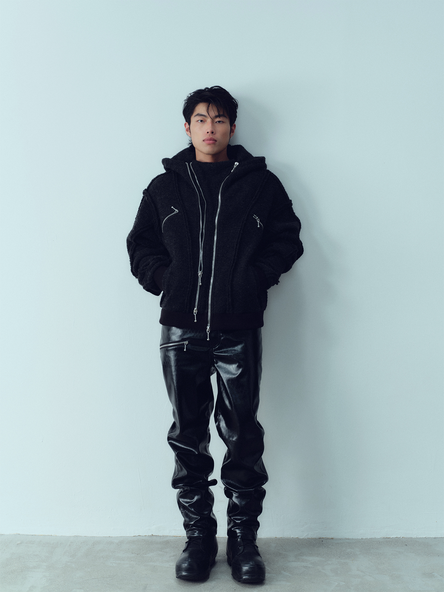 KADAKADA Wooly Raw-Stitch Panel Hooded Jacket