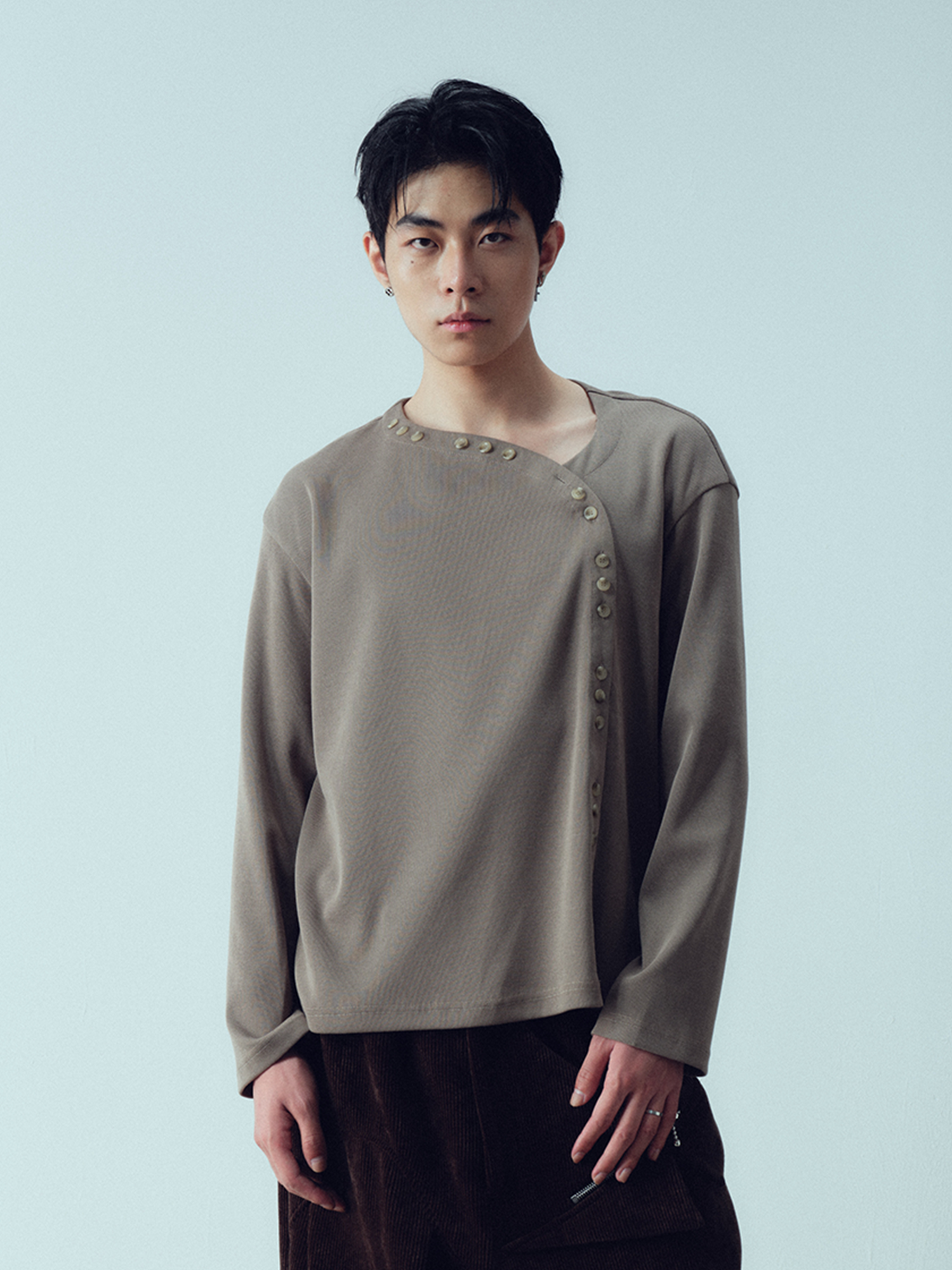 KADAKADA Buttoned Curved Placket Ribbed Knit Top