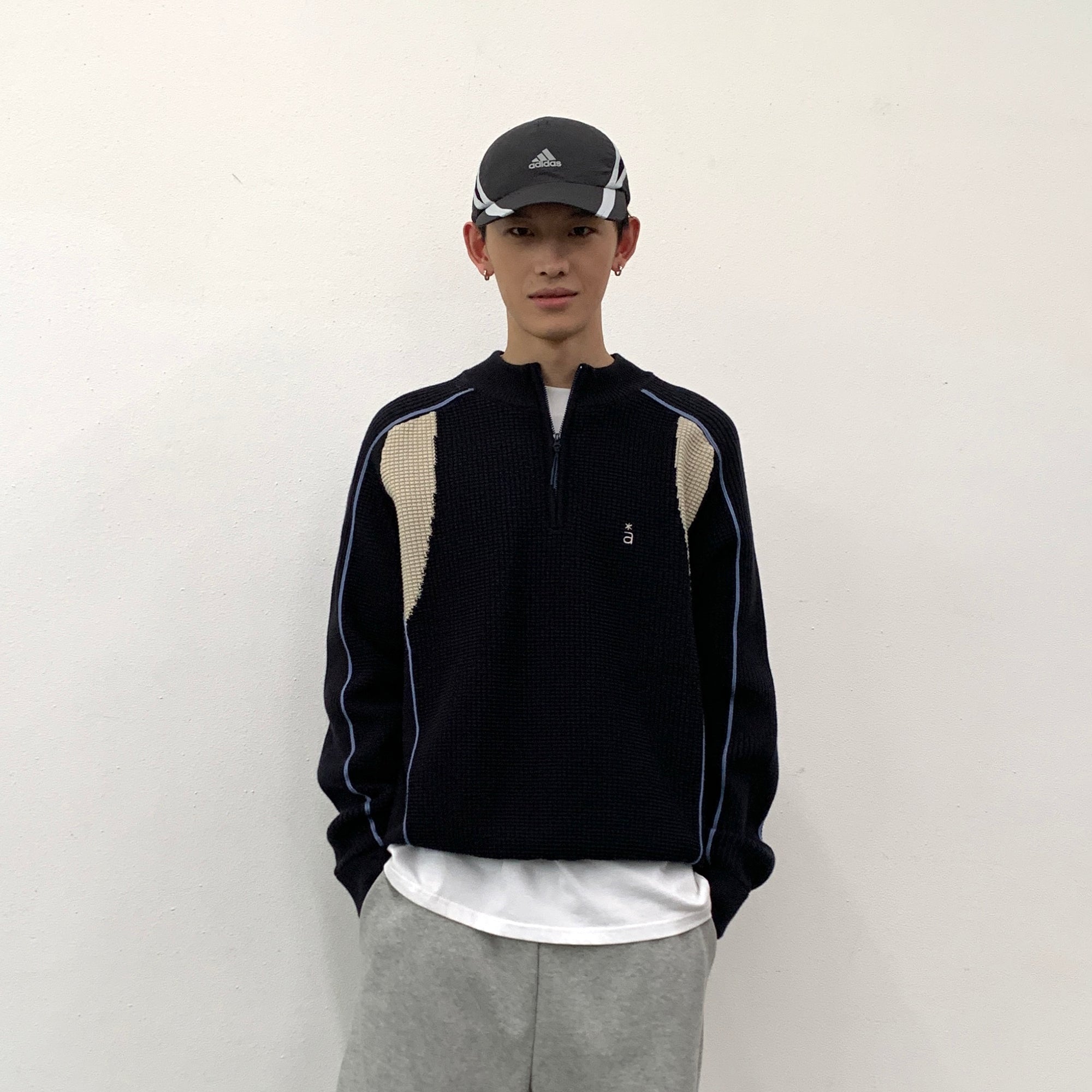 ROARINGWILD A ARCH Contrast Panel Raglan Half-Zip Sweater