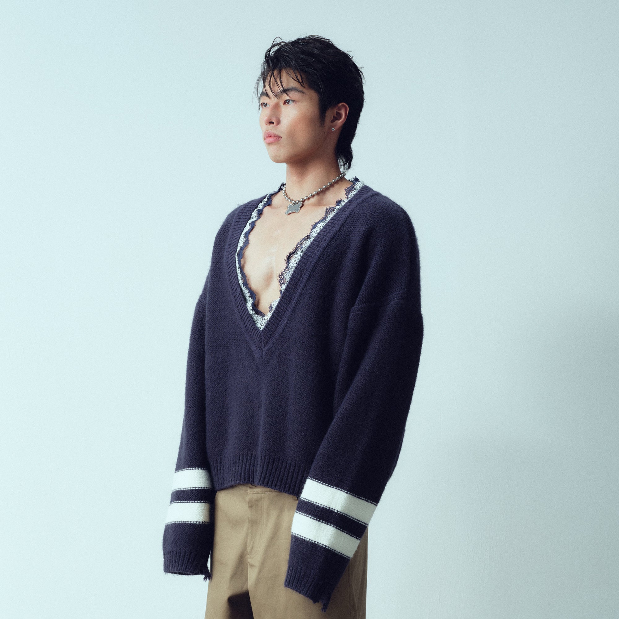 KADAKADA Lace-Neck Distressed Oversized Sweater