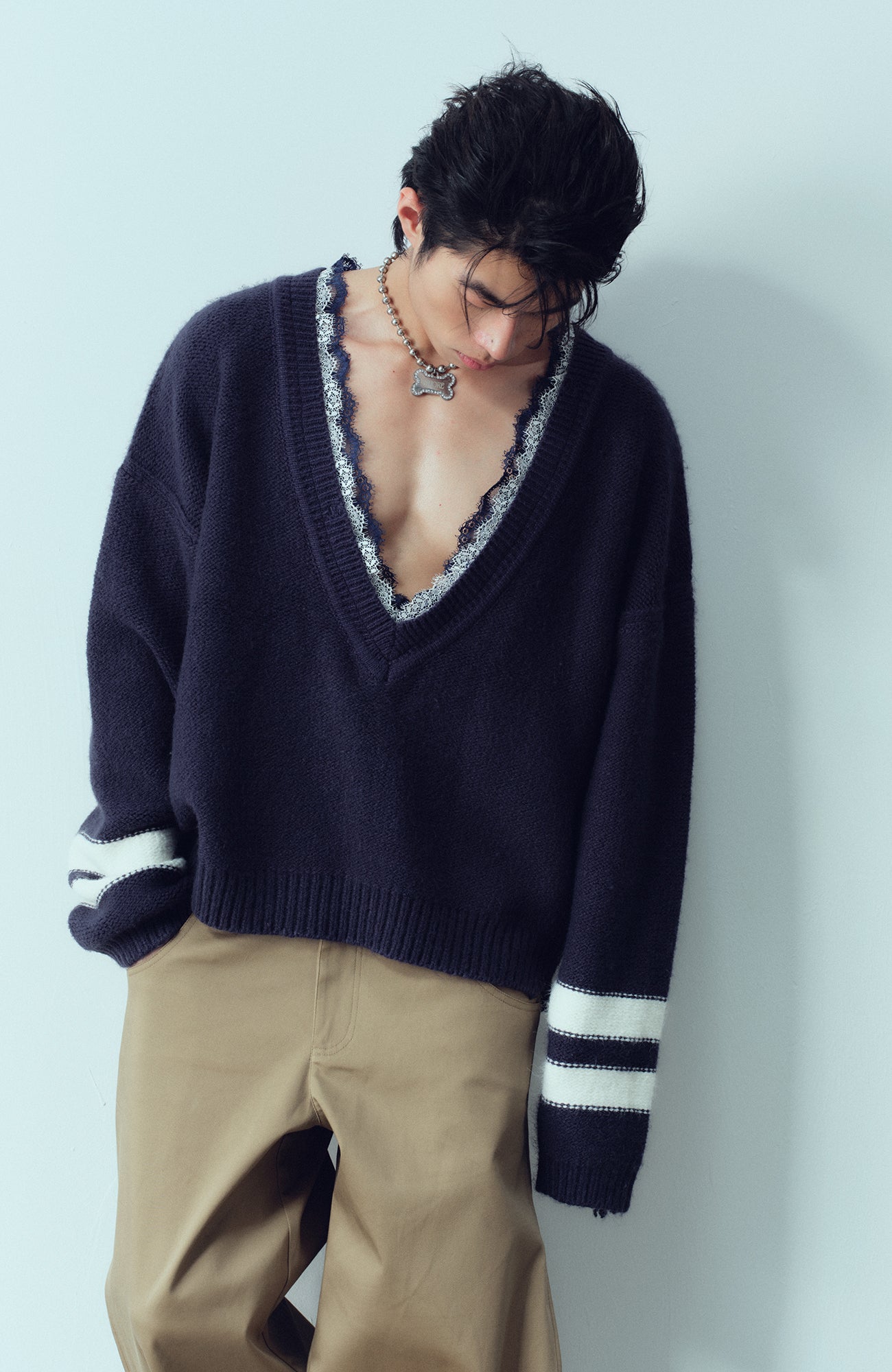 KADAKADA Lace-Neck Distressed Oversized Sweater