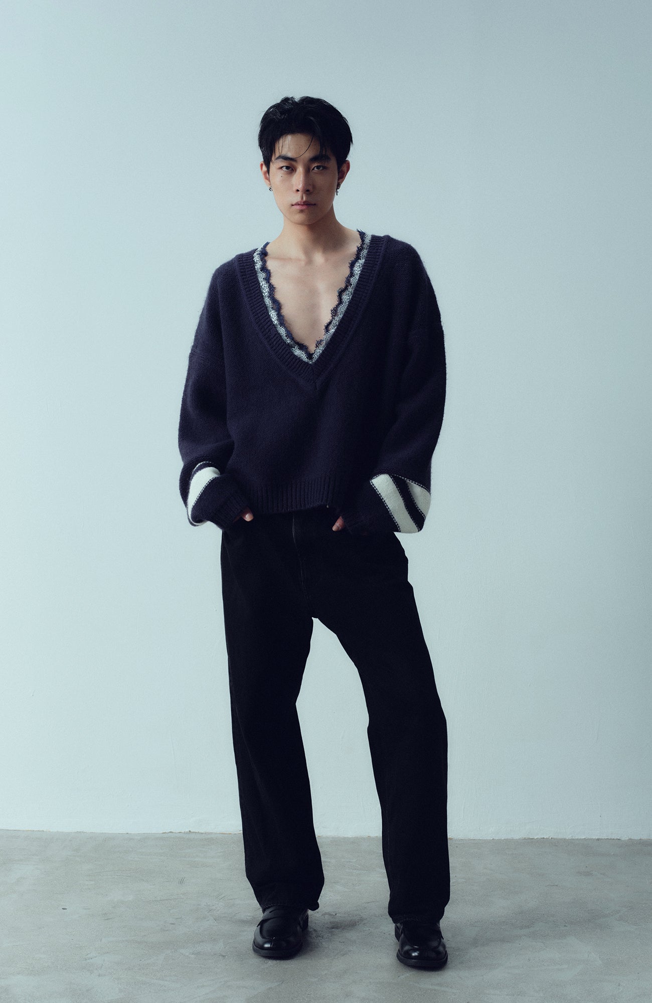 KADAKADA Lace-Neck Distressed Oversized Sweater