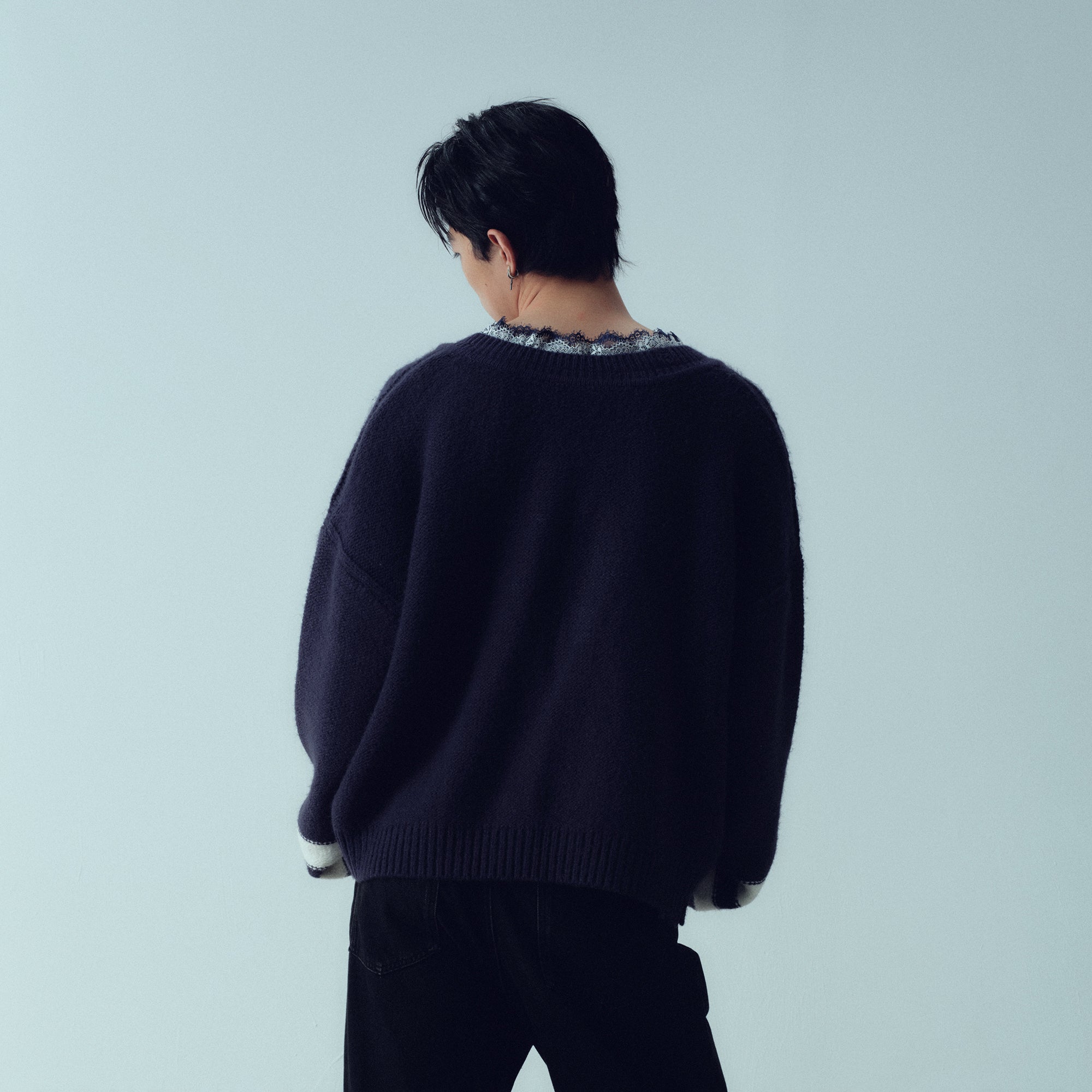 KADAKADA Lace-Neck Distressed Oversized Sweater