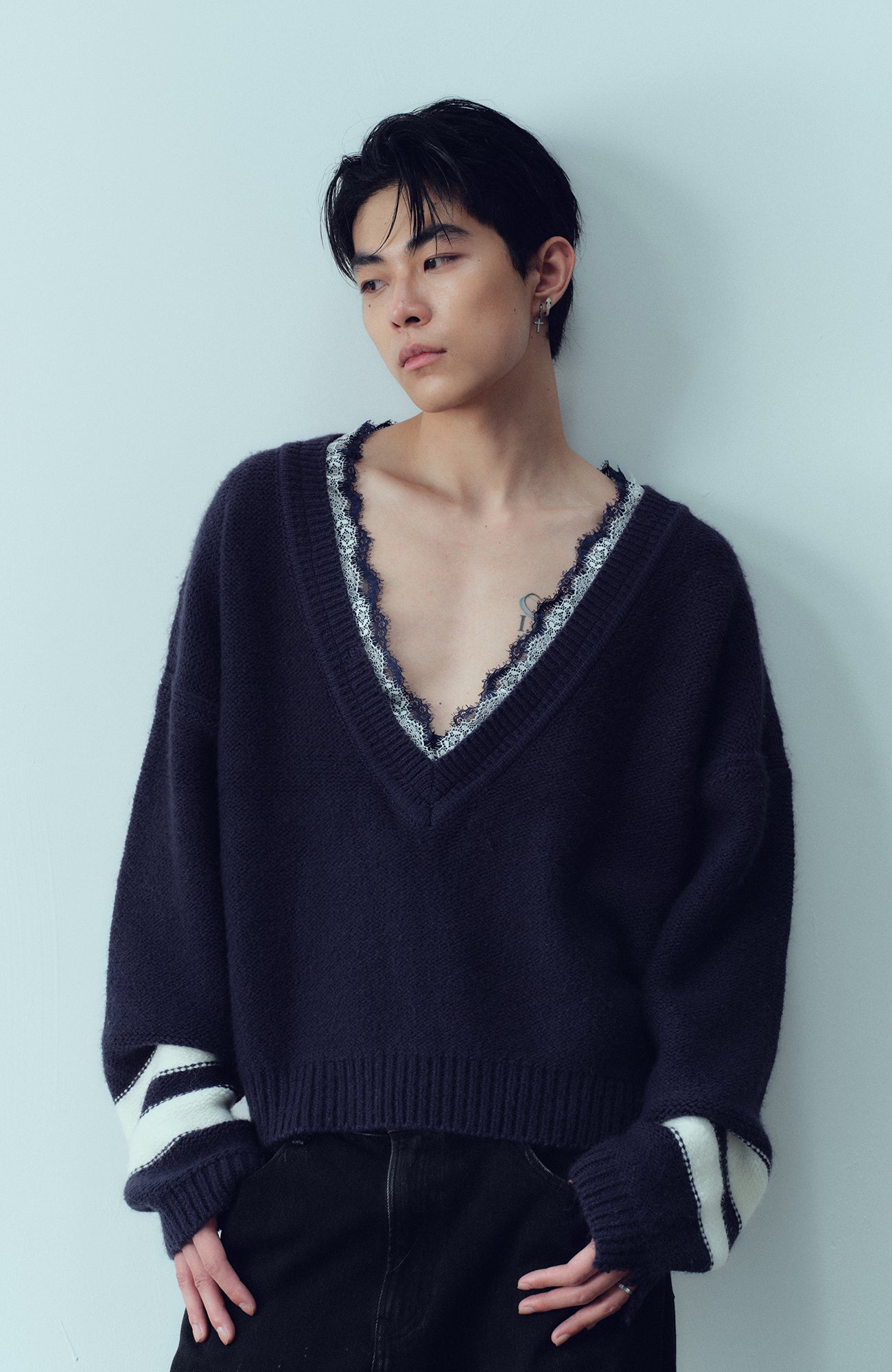 KADAKADA Lace-Neck Distressed Oversized Sweater