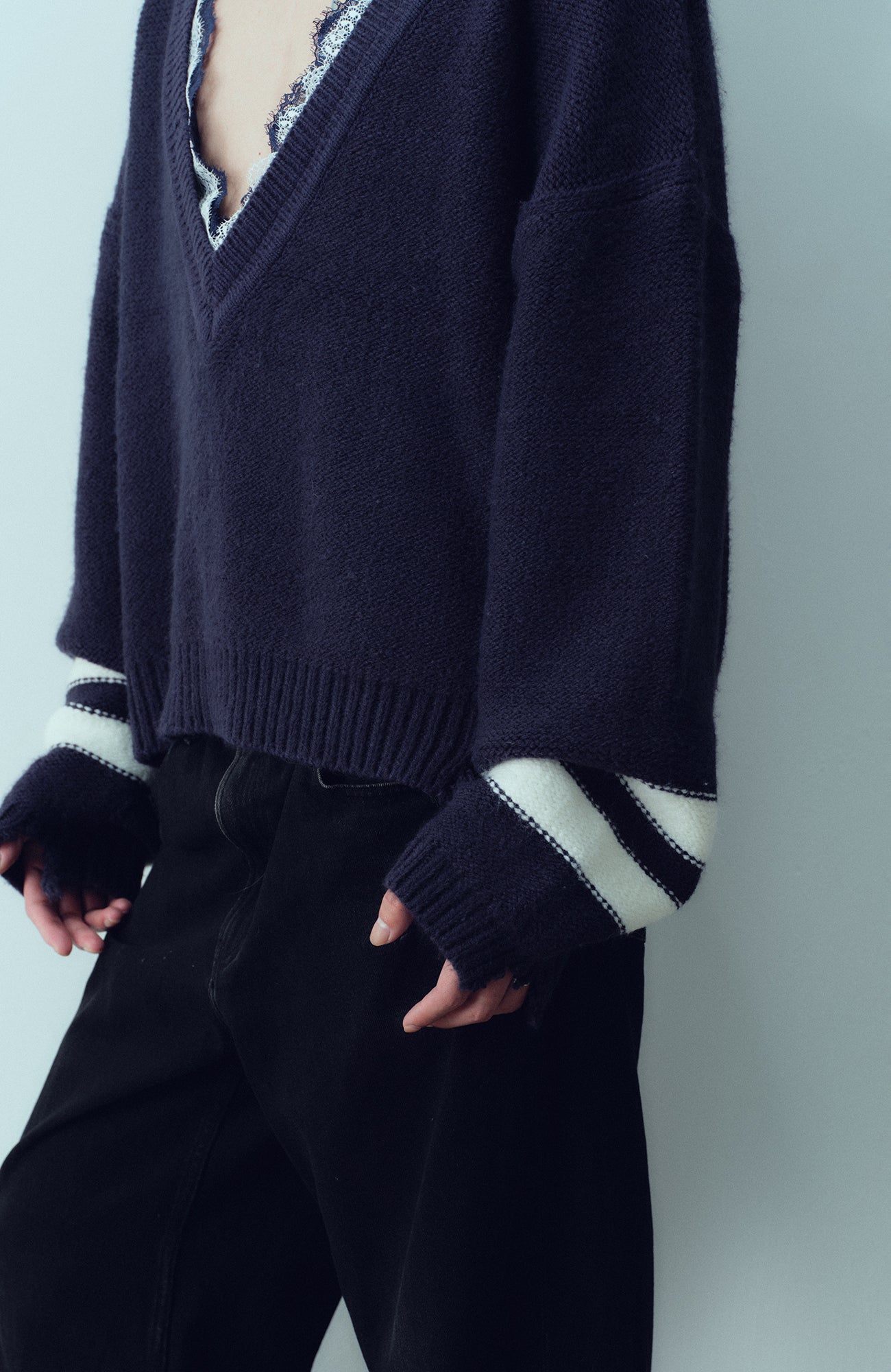 KADAKADA Lace-Neck Distressed Oversized Sweater