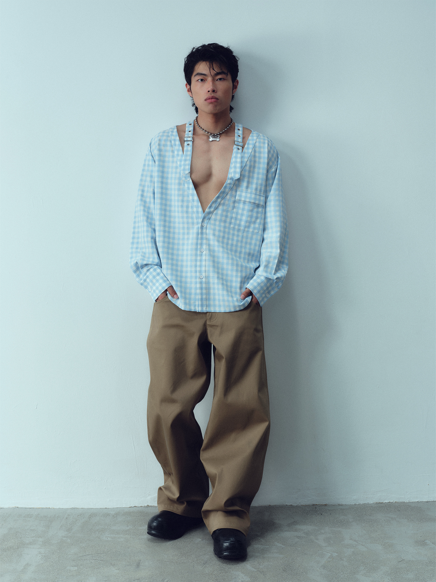 KADAKADA Gingham V-Neck Tie-Strap Oversized Shirt, premium urban and streetwear designers apparel on PROJECTISR.com, KADAKADA
