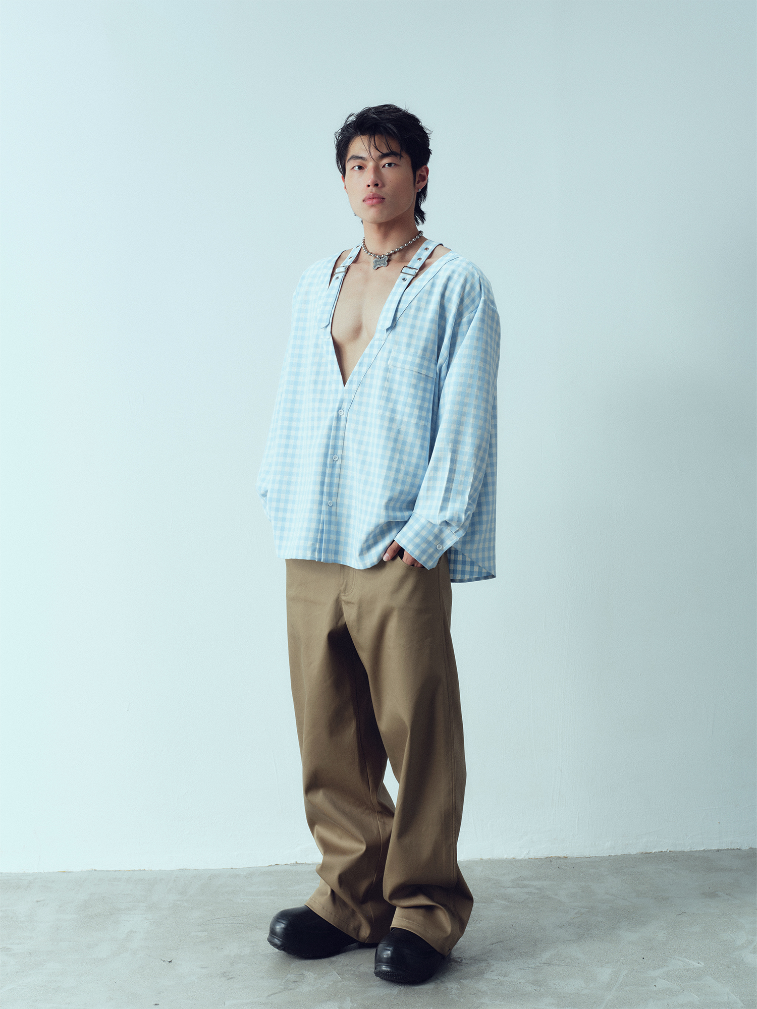 KADAKADA Gingham V-Neck Tie-Strap Oversized Shirt, premium urban and streetwear designers apparel on PROJECTISR.com, KADAKADA