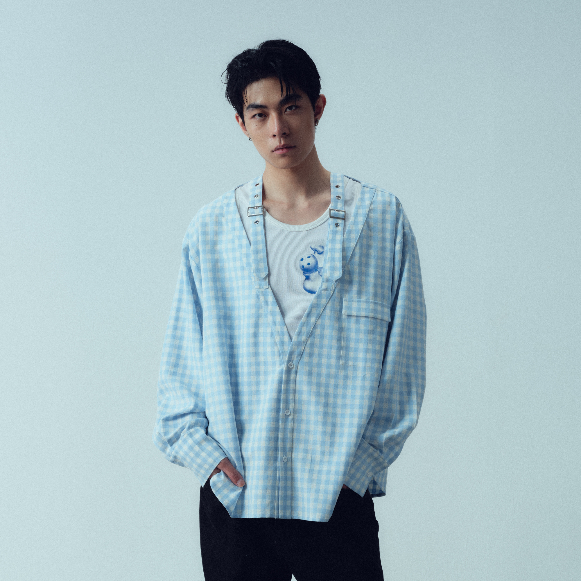 KADAKADA Gingham V-Neck Tie-Strap Oversized Shirt, premium urban and streetwear designers apparel on PROJECTISR.com, KADAKADA