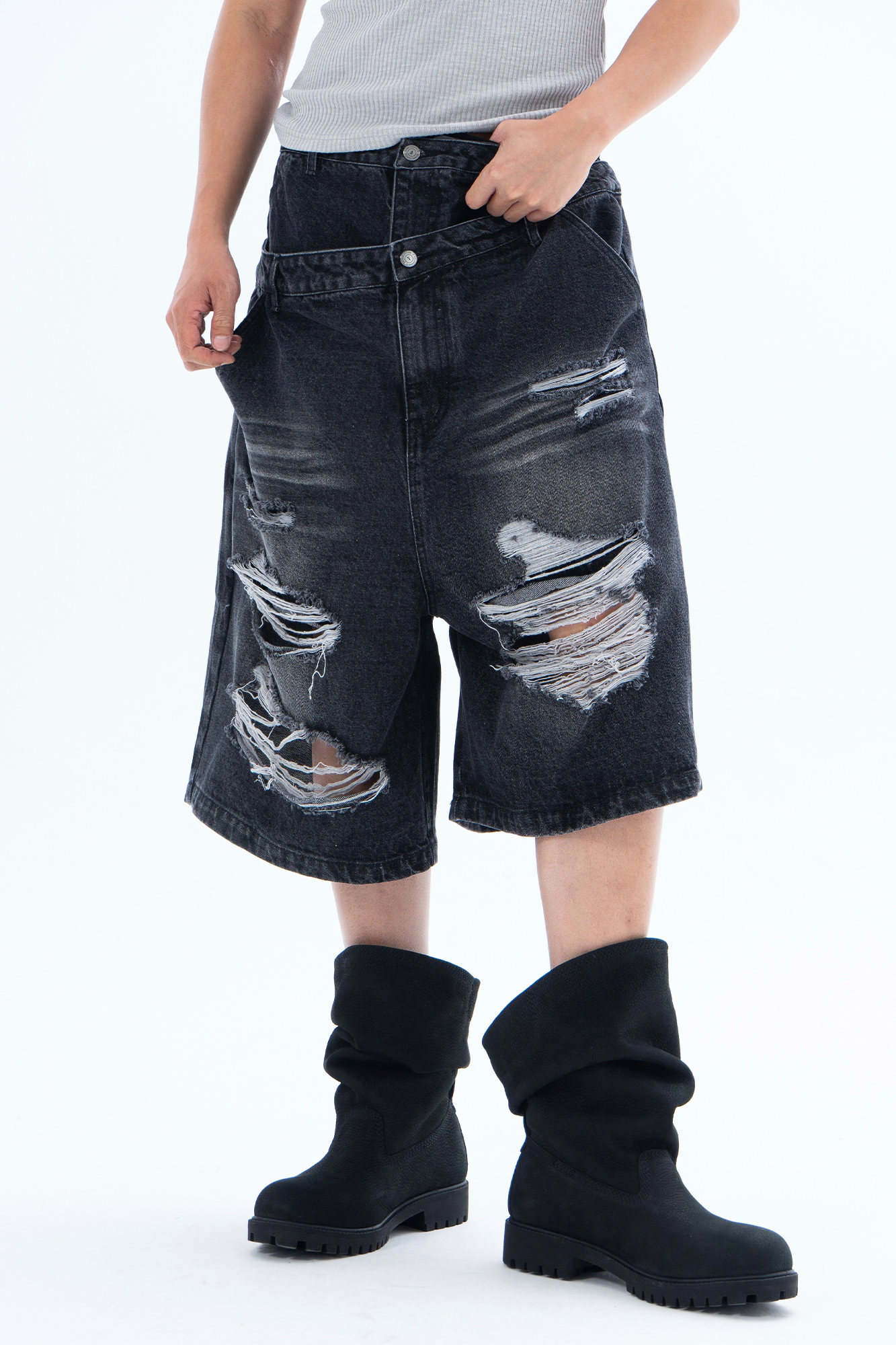 CLP Distressed Double-Waist Denim Shorts
