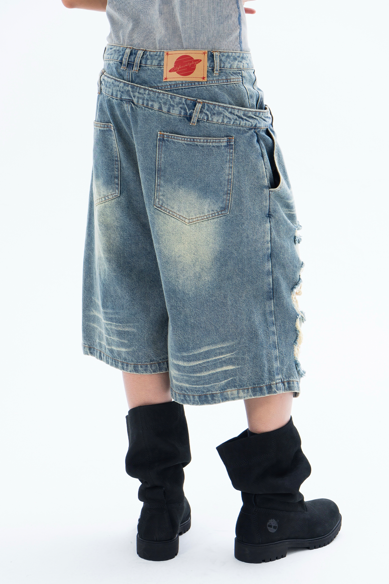 CLP Distressed Double-Waist Denim Shorts
