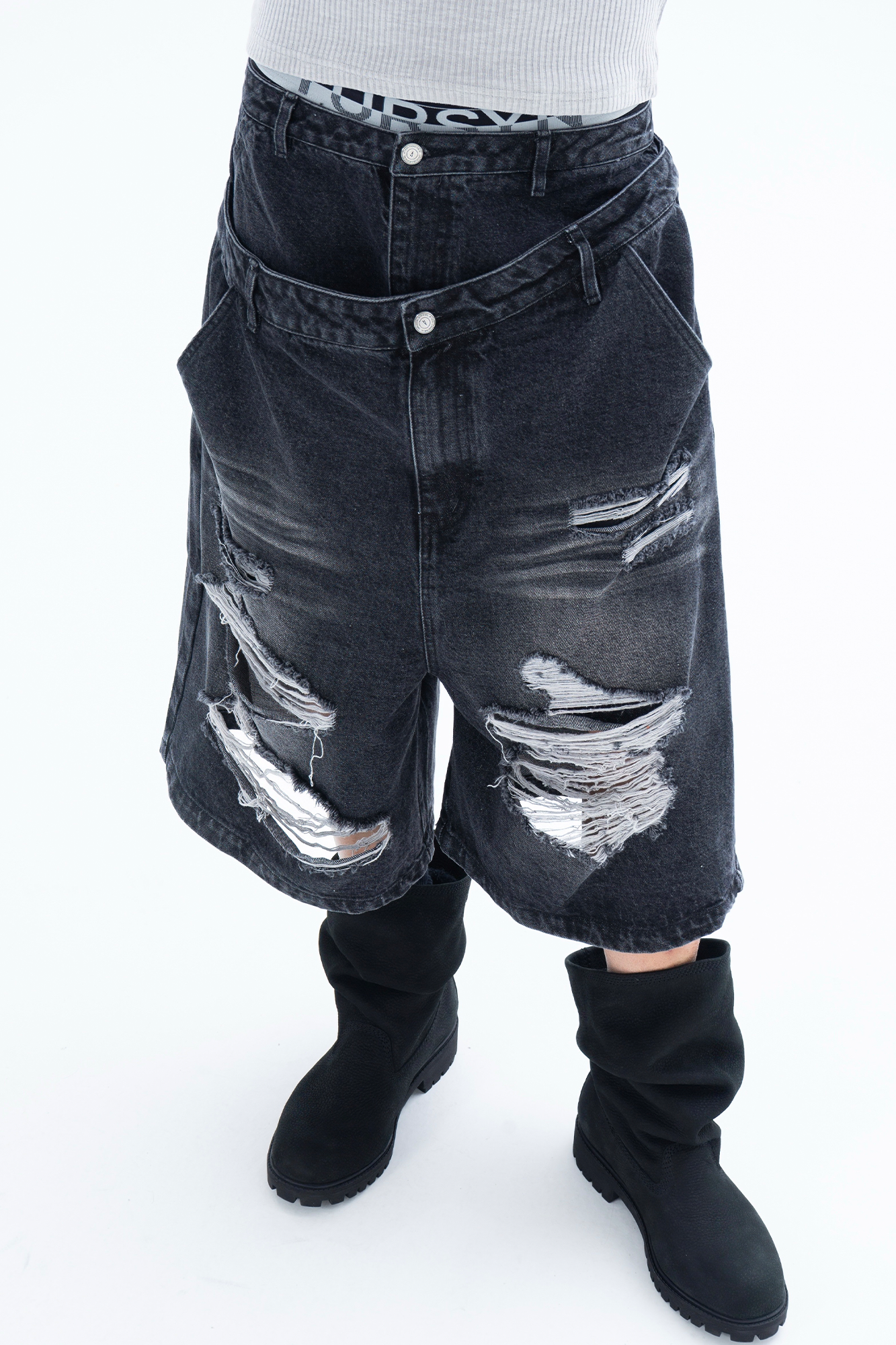 CLP Distressed Double-Waist Denim Shorts