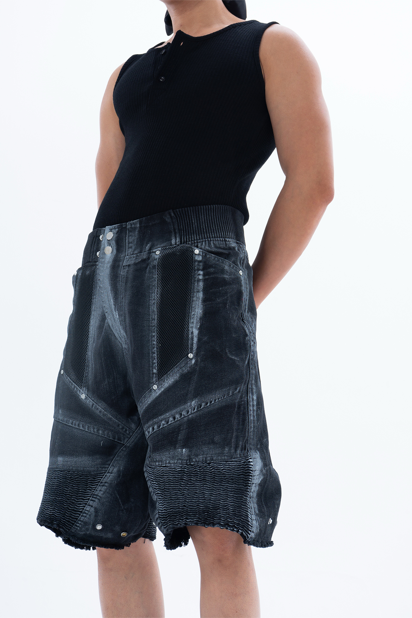 CLP Ribbed Paneled Wide-Leg Denim Shorts
