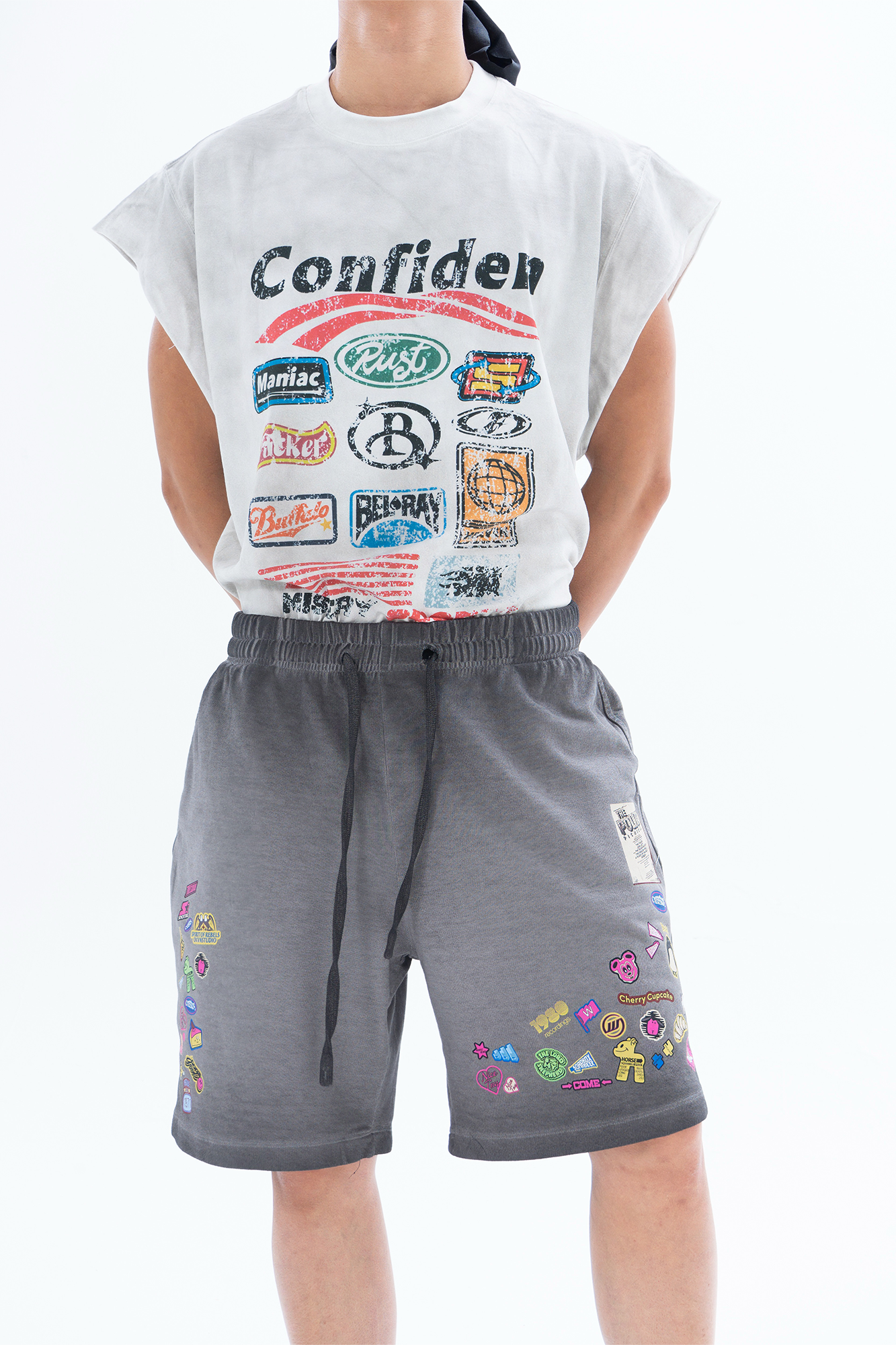 CLP Retro Gradient Badge Graphic Drawstring Shorts