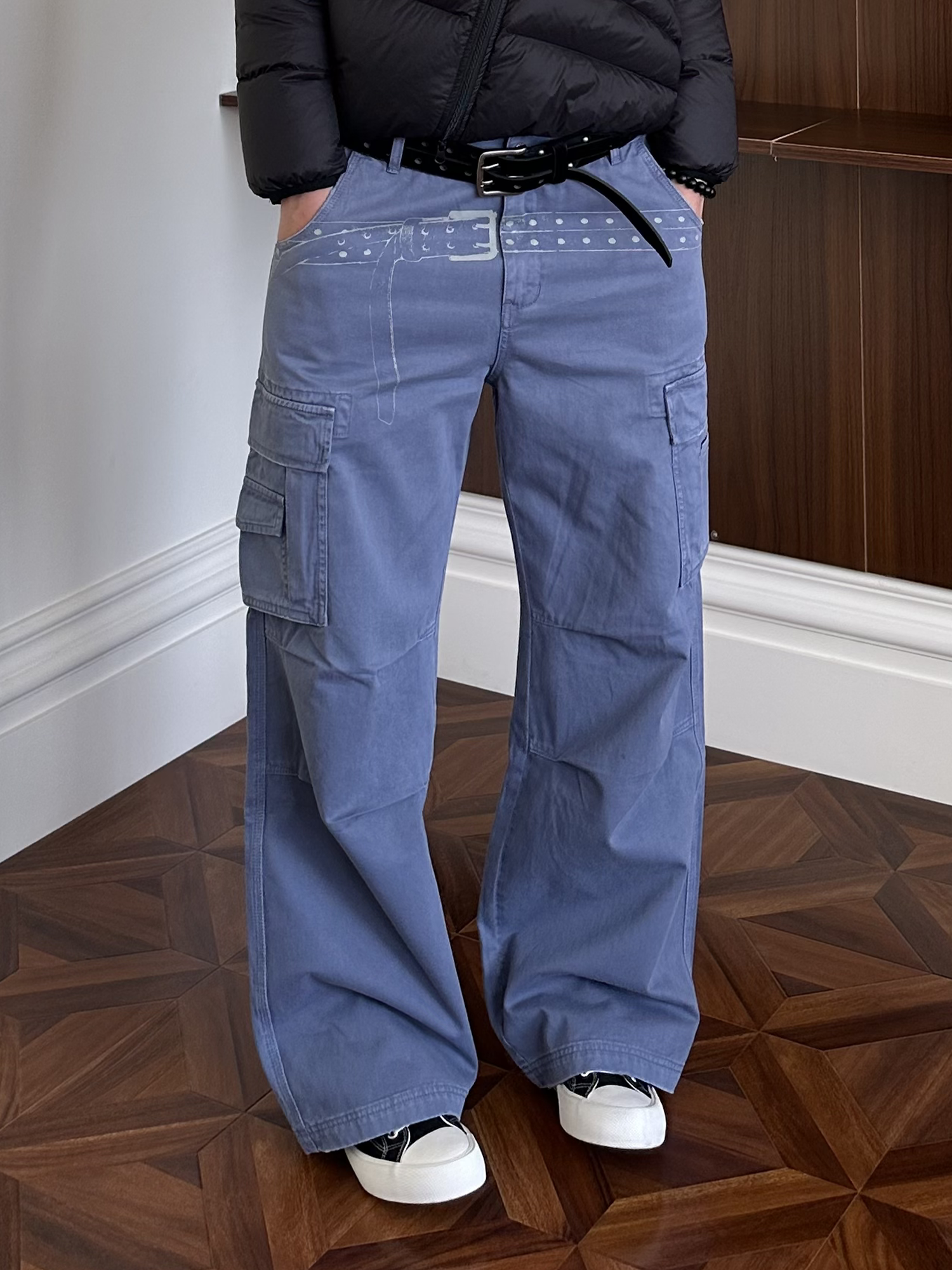 KREATE Washed Belt Graphic Crinkled Cargo Pants