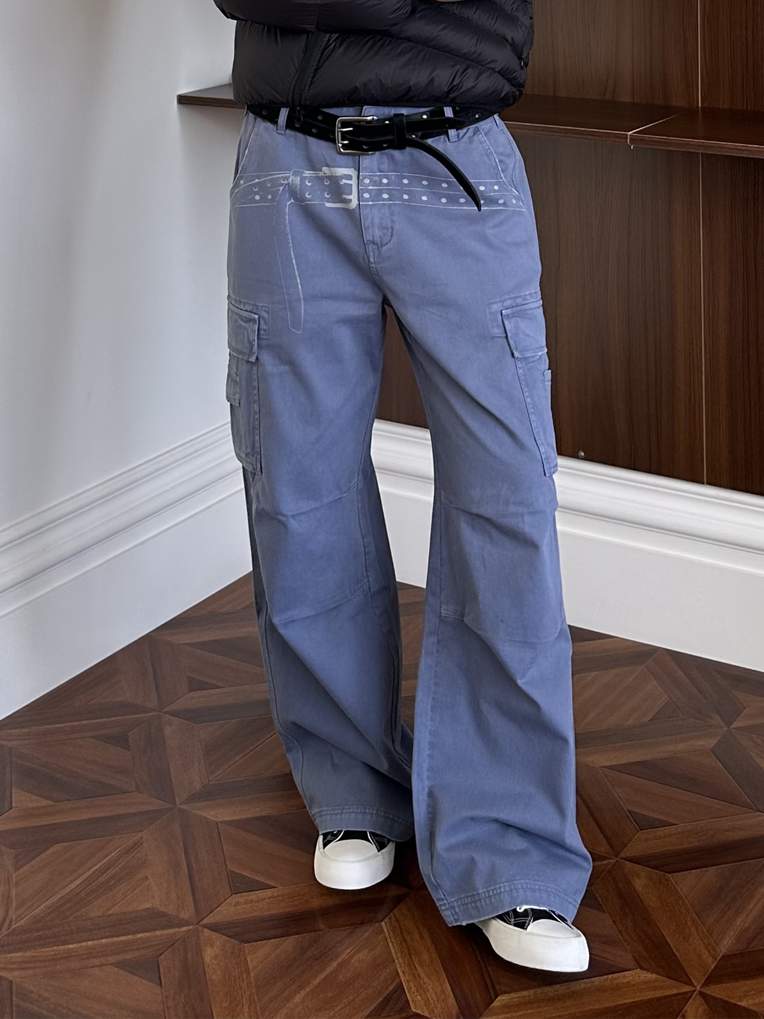 KREATE Washed Belt Graphic Crinkled Cargo Pants