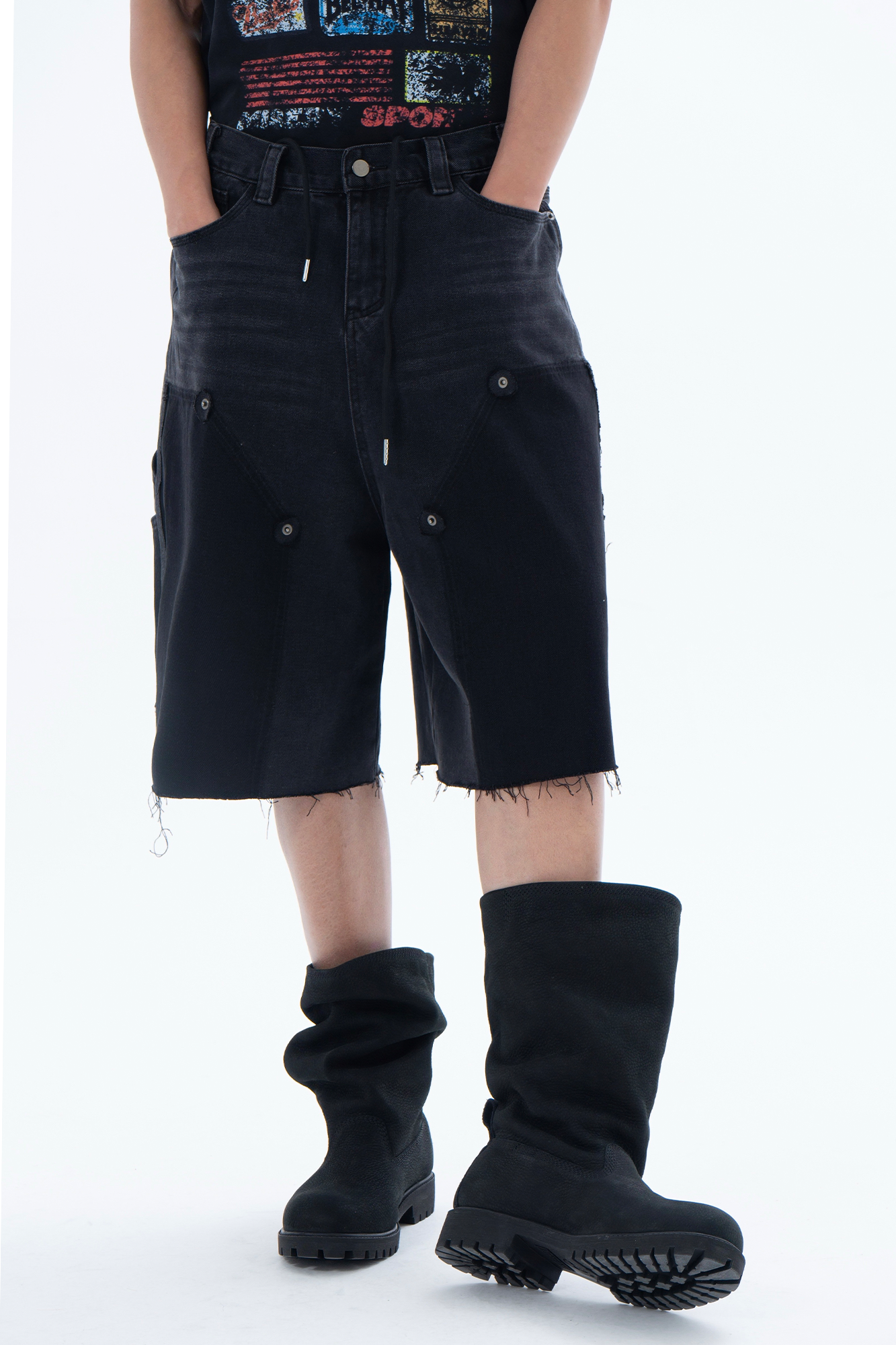 CLP Retro Washed Raw Edge Paneled Shorts