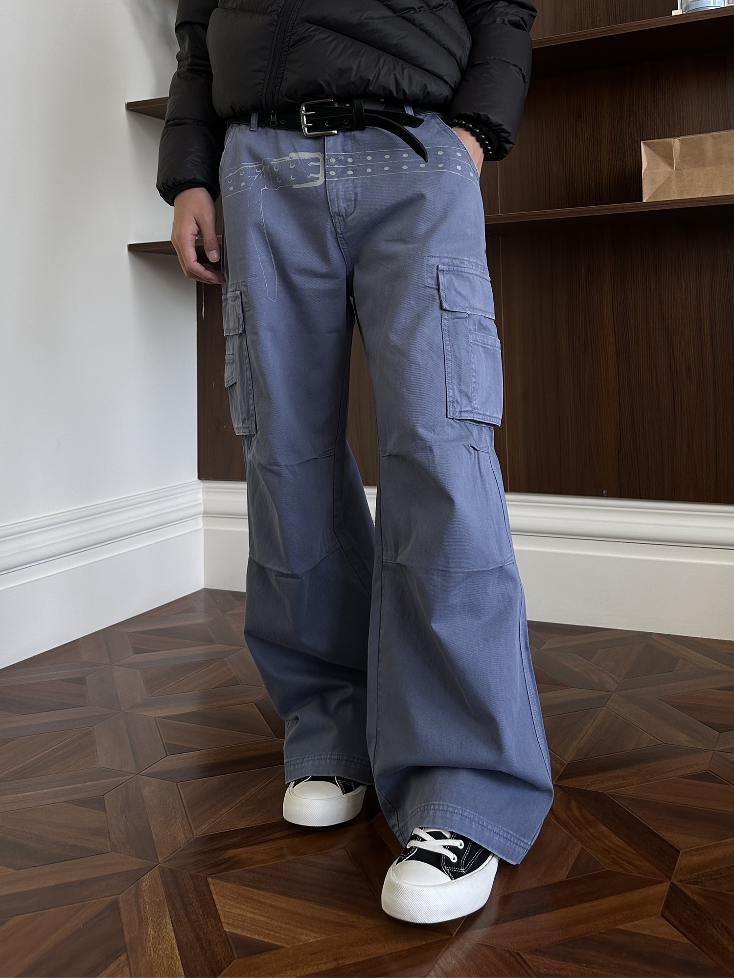 KREATE Washed Belt Graphic Crinkled Cargo Pants