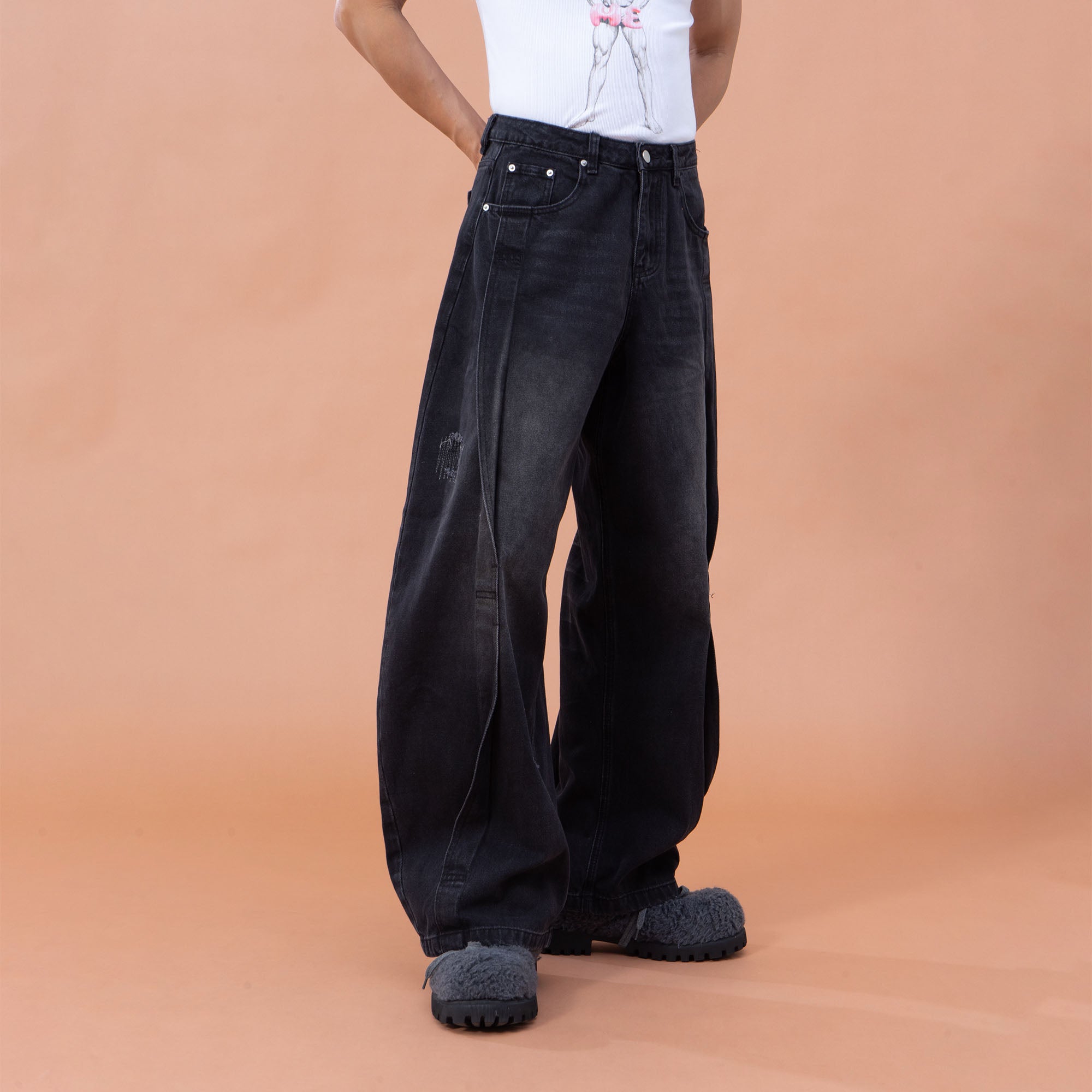 CLP Pleated Knee Wide-Leg Denim Pants