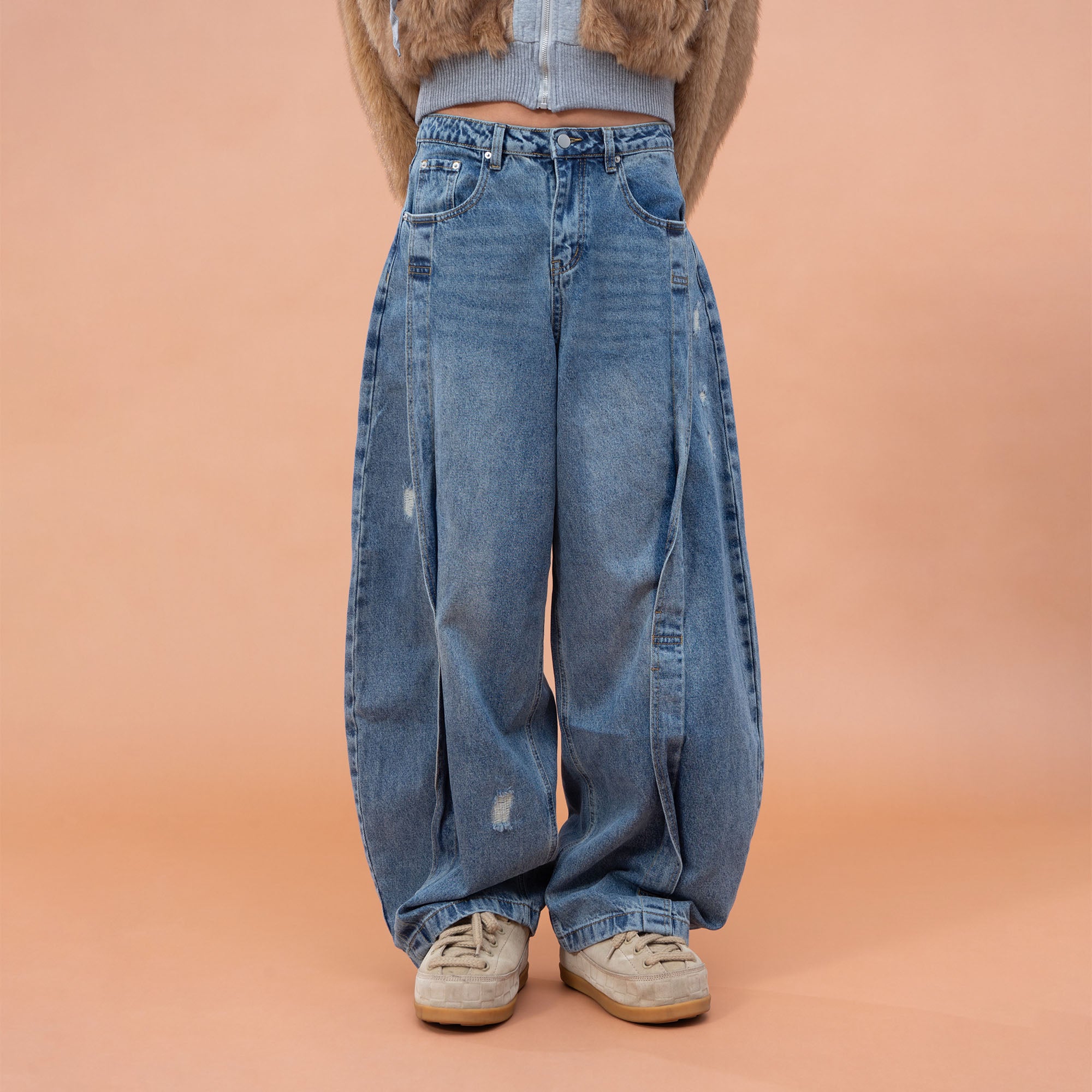 CLP Pleated Knee Wide-Leg Denim Pants