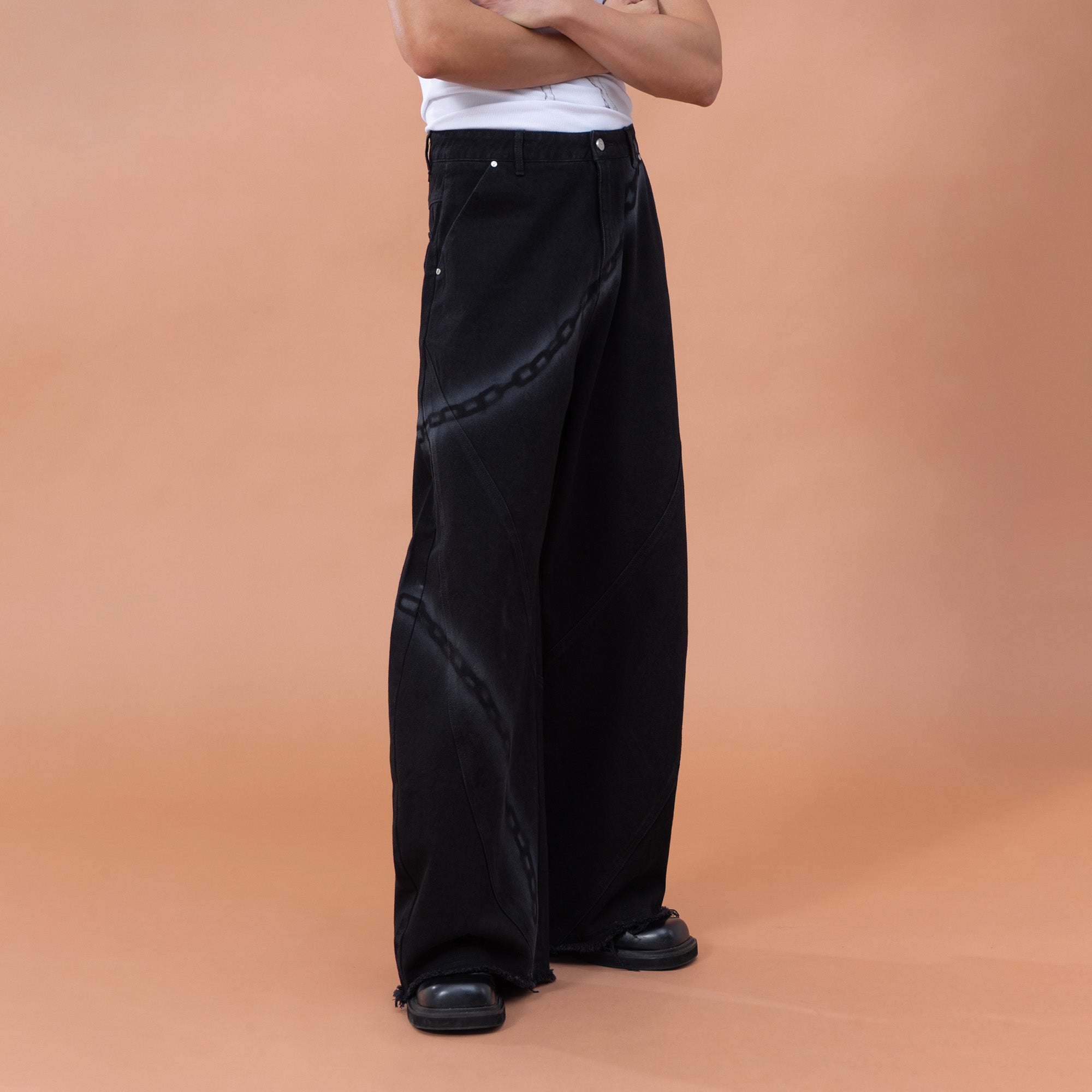 CLP Chain Graphic Frayed Curved-Leg Jeans, premium urban and streetwear designers apparel on PROJECTISR.com, CLP