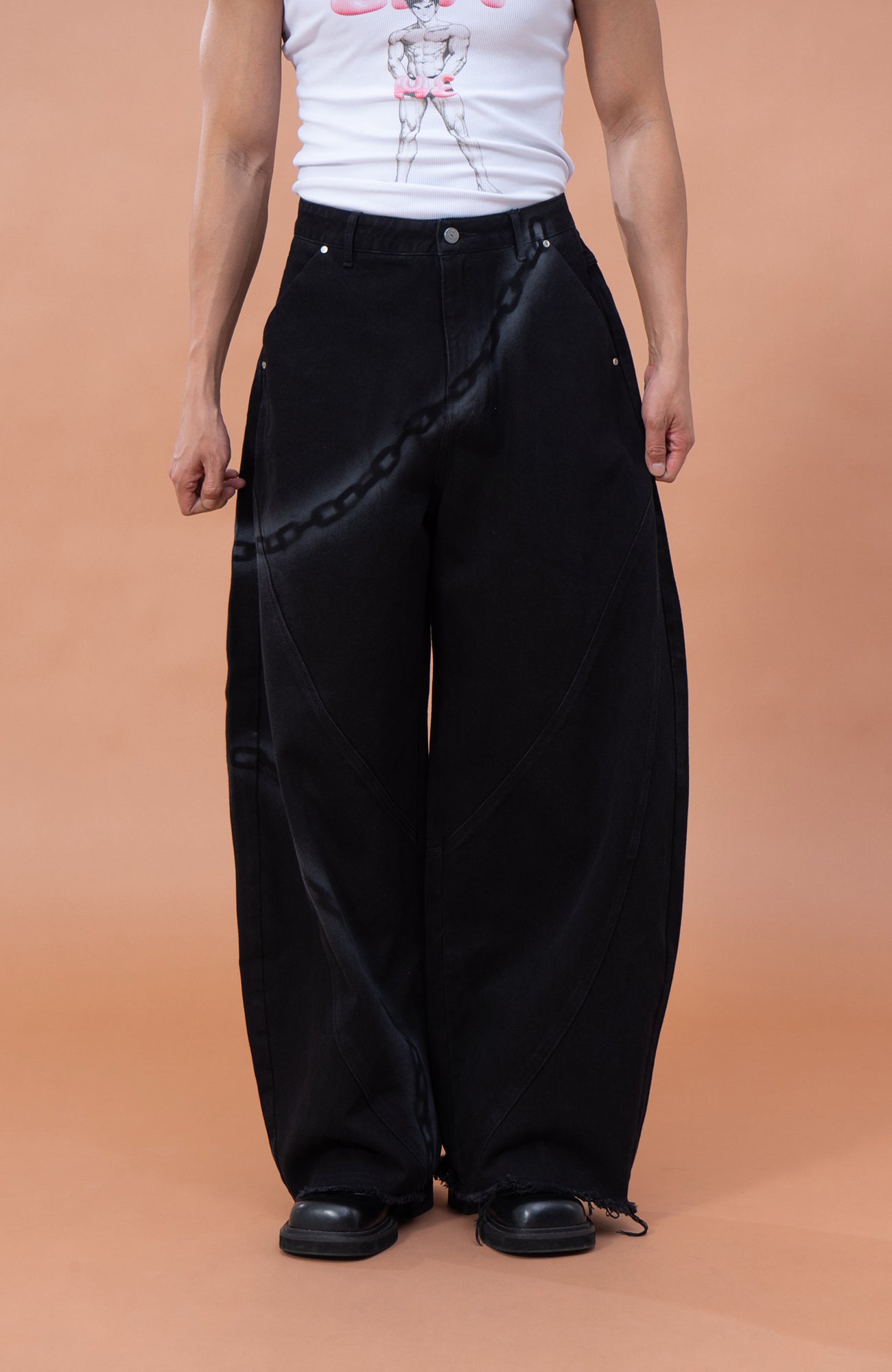 CLP Chain Graphic Frayed Curved-Leg Jeans, premium urban and streetwear designers apparel on PROJECTISR.com, CLP