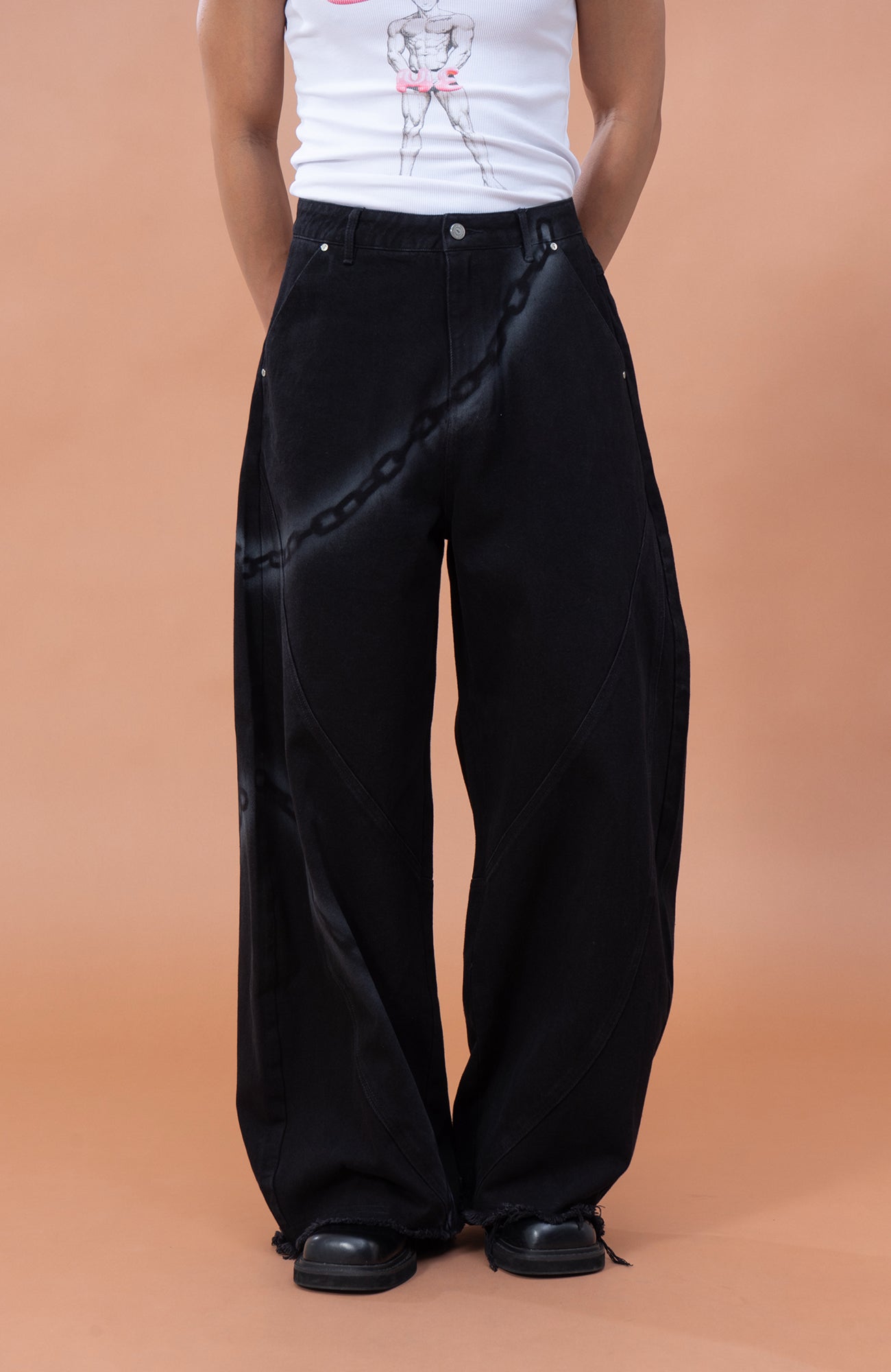 CLP Chain Graphic Frayed Curved-Leg Jeans, premium urban and streetwear designers apparel on PROJECTISR.com, CLP