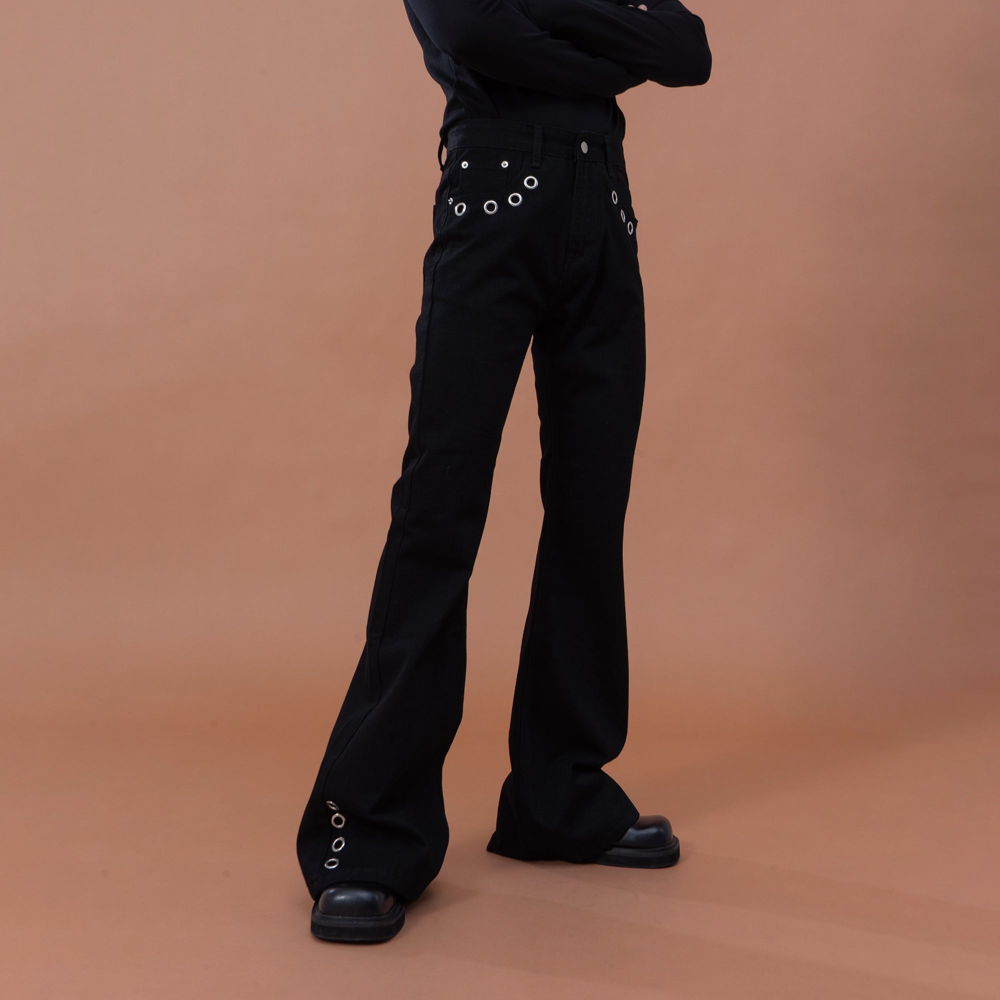 CLP Eyelet-Stud Stacked Hem Flared Jeans, premium urban and streetwear designers apparel on PROJECTISR.com, CLP