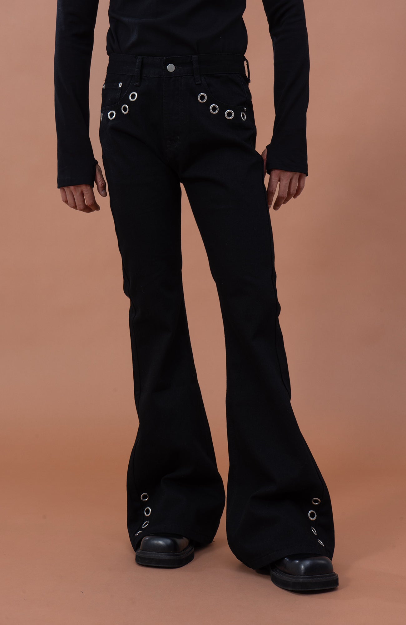 CLP Eyelet-Stud Stacked Hem Flared Jeans, premium urban and streetwear designers apparel on PROJECTISR.com, CLP