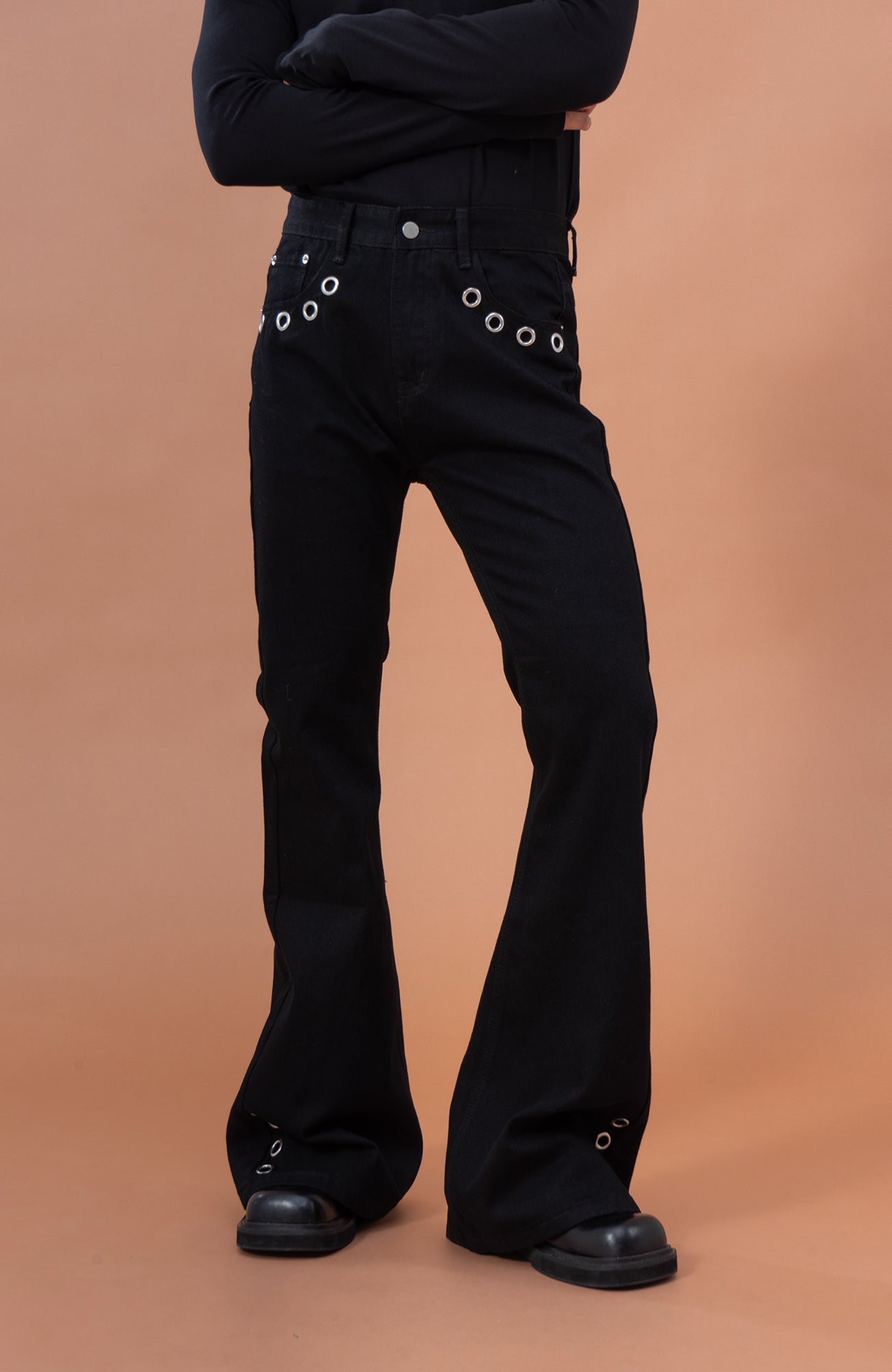 CLP Eyelet-Stud Stacked Hem Flared Jeans, premium urban and streetwear designers apparel on PROJECTISR.com, CLP