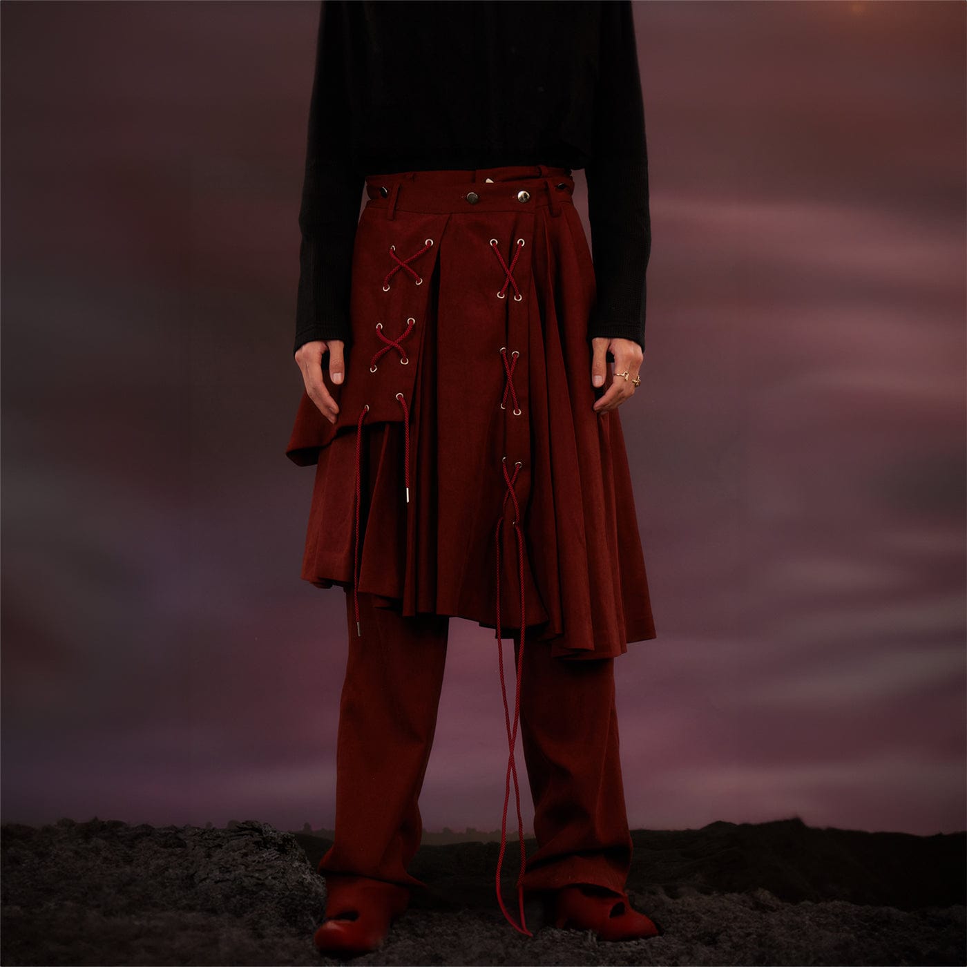 KADAKADA Asymmetrical Draw-String Pleated Detachable Skirt Pants, premium urban and streetwear designers apparel on PROJECTISR.com, KADAKADA