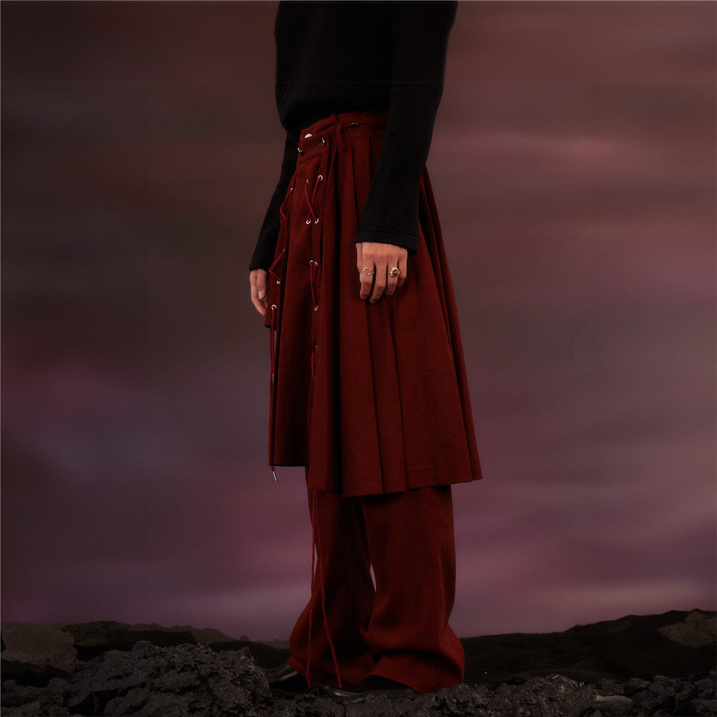 KADAKADA Asymmetrical Draw-String Pleated Detachable Skirt Pants, premium urban and streetwear designers apparel on PROJECTISR.com, KADAKADA