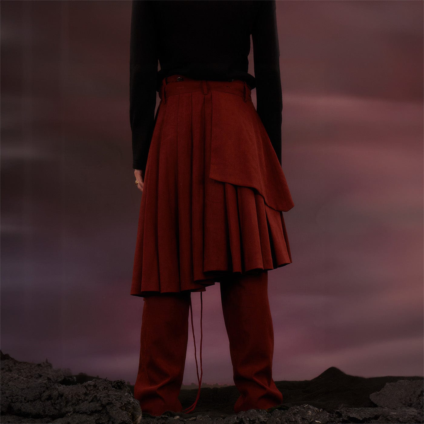 KADAKADA Asymmetrical Draw-String Pleated Detachable Skirt Pants, premium urban and streetwear designers apparel on PROJECTISR.com, KADAKADA