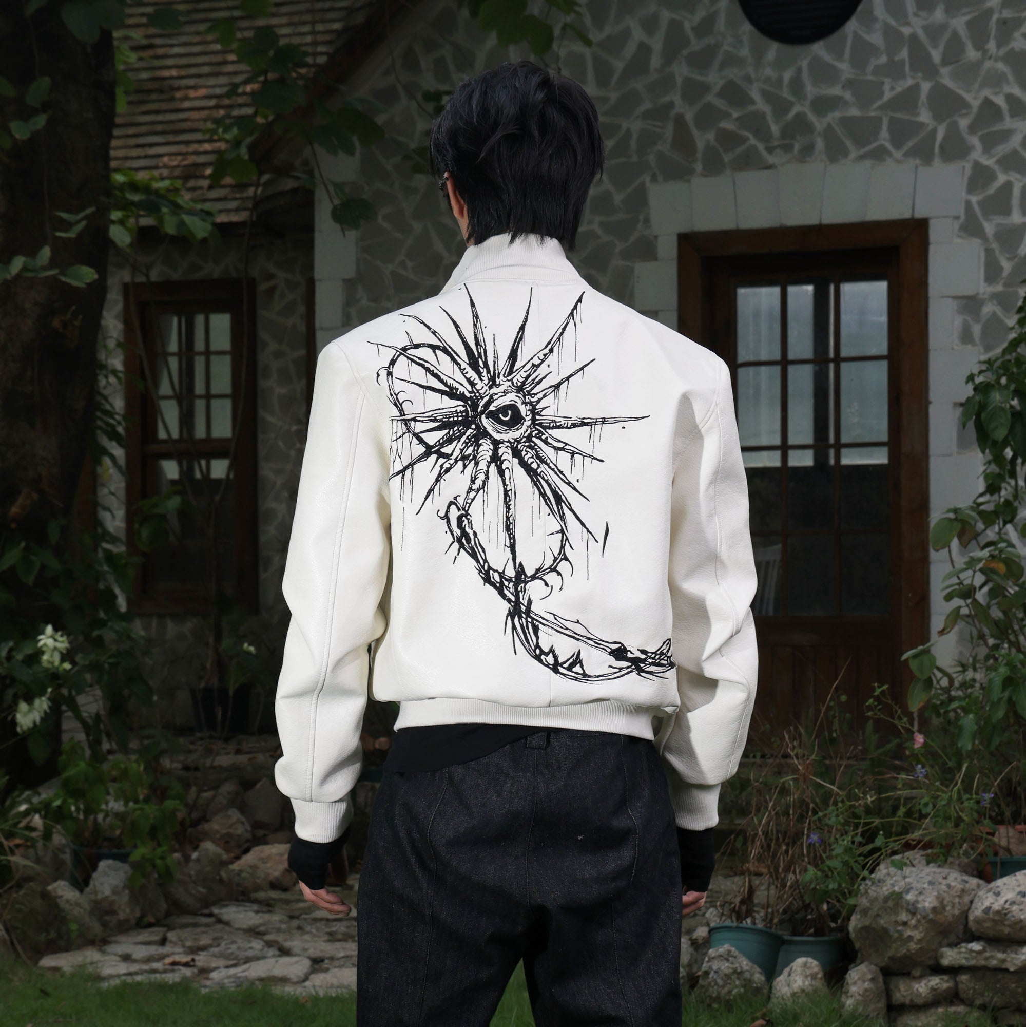 FLYERRER Thorned Eye Graphic Faux Leather Jacket