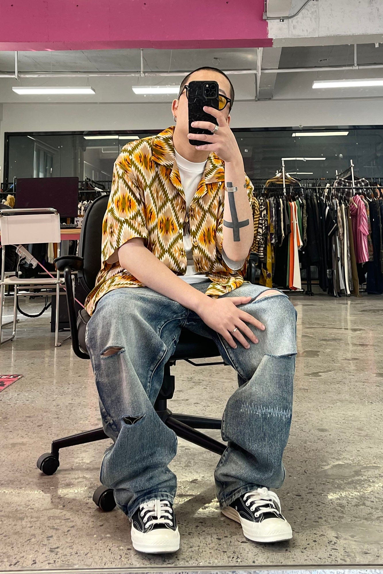 ME DA IGUAL Geometric Full-Print Button-Up Half Shirt, premium urban and streetwear designers apparel on PROJECTISR.com, ME DA IGUAL