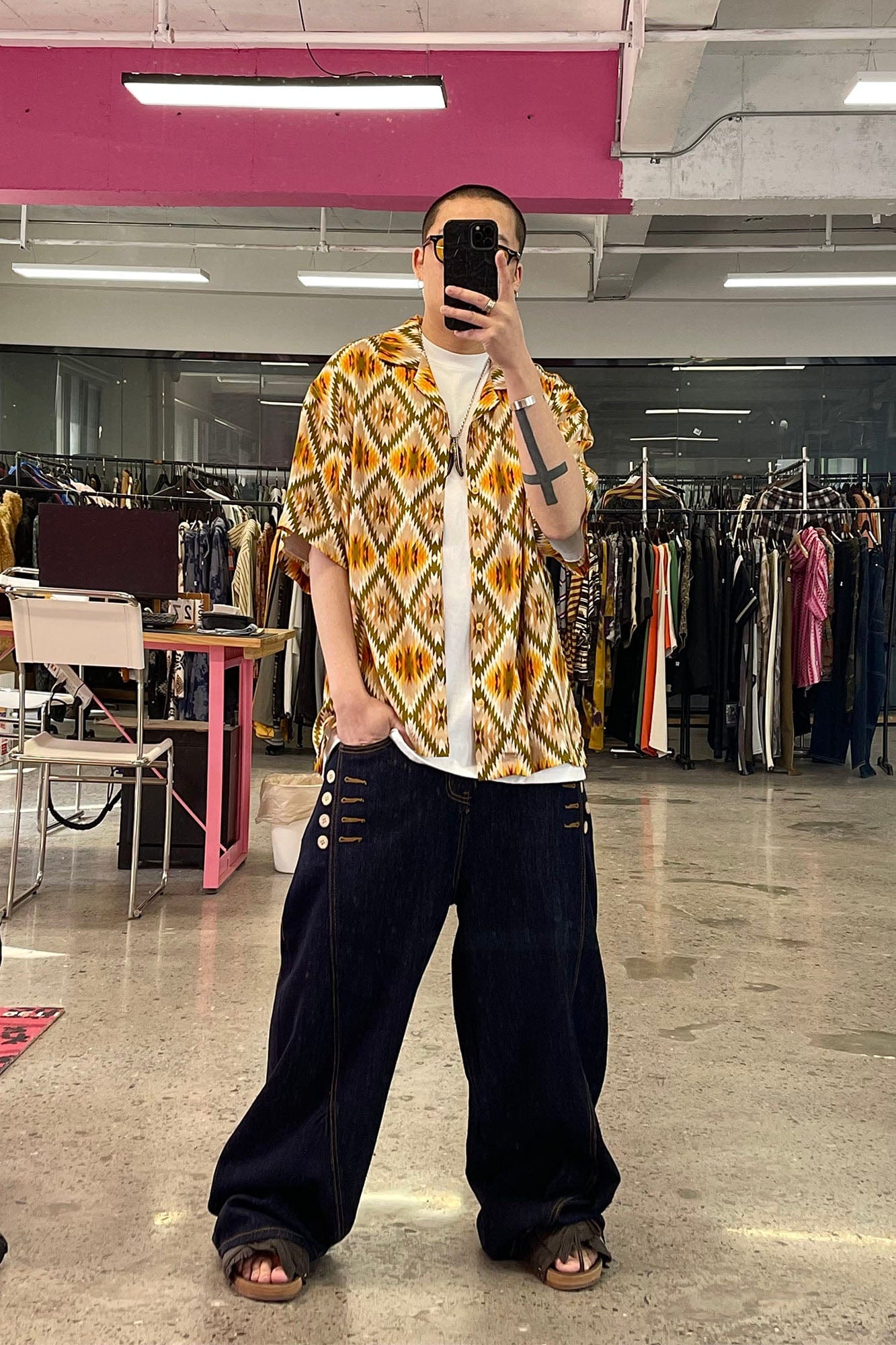 ME DA IGUAL Geometric Full-Print Button-Up Half Shirt, premium urban and streetwear designers apparel on PROJECTISR.com, ME DA IGUAL