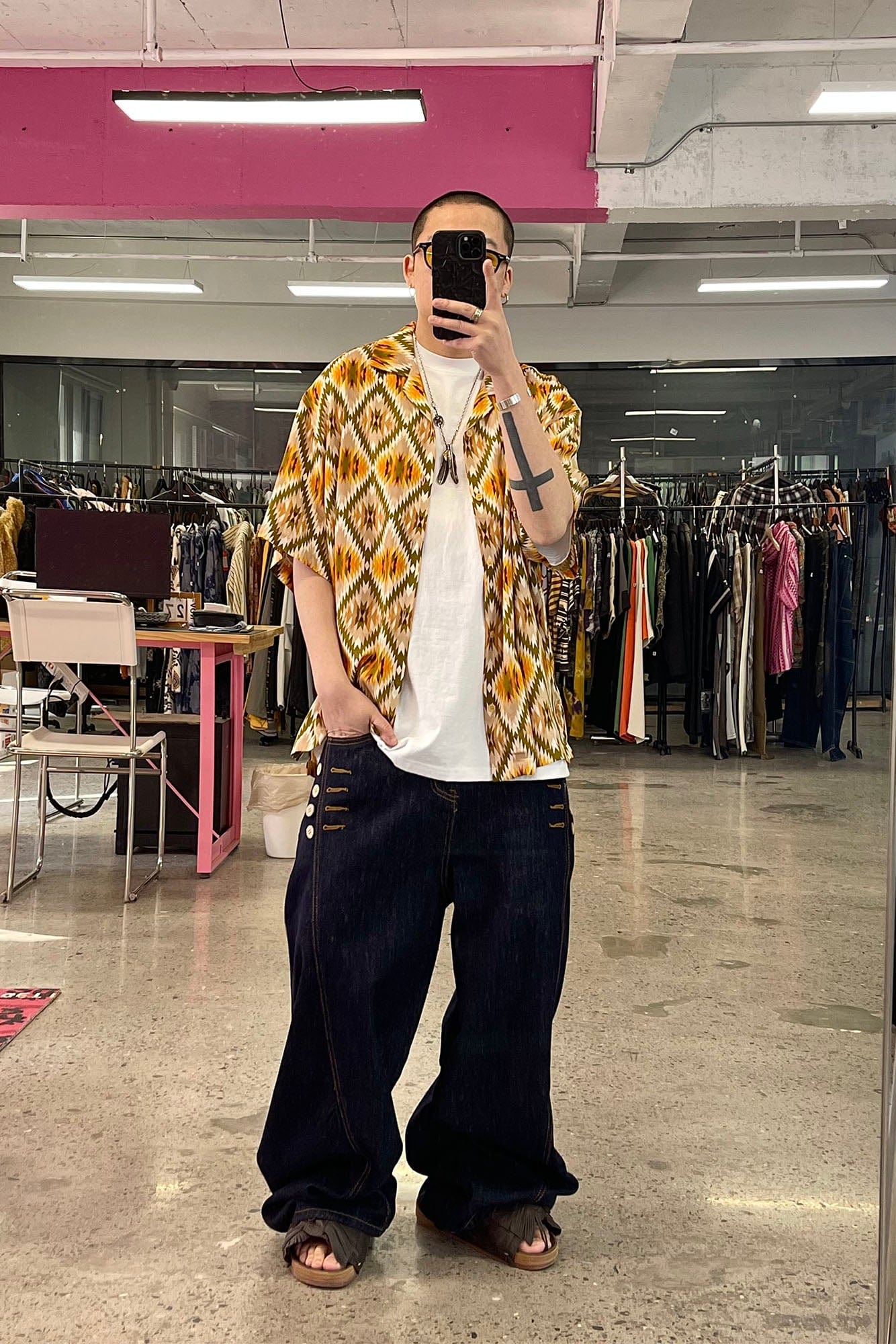 ME DA IGUAL Geometric Full-Print Button-Up Half Shirt, premium urban and streetwear designers apparel on PROJECTISR.com, ME DA IGUAL