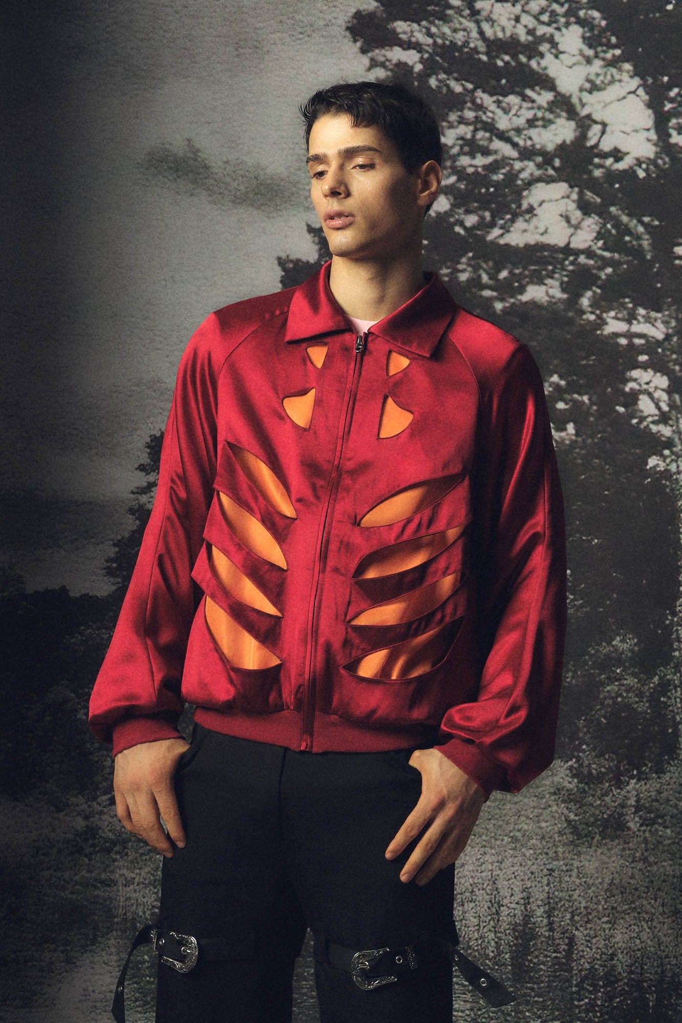 KADAKADA Skeleton Cut-Out Satin Bomber Jacket