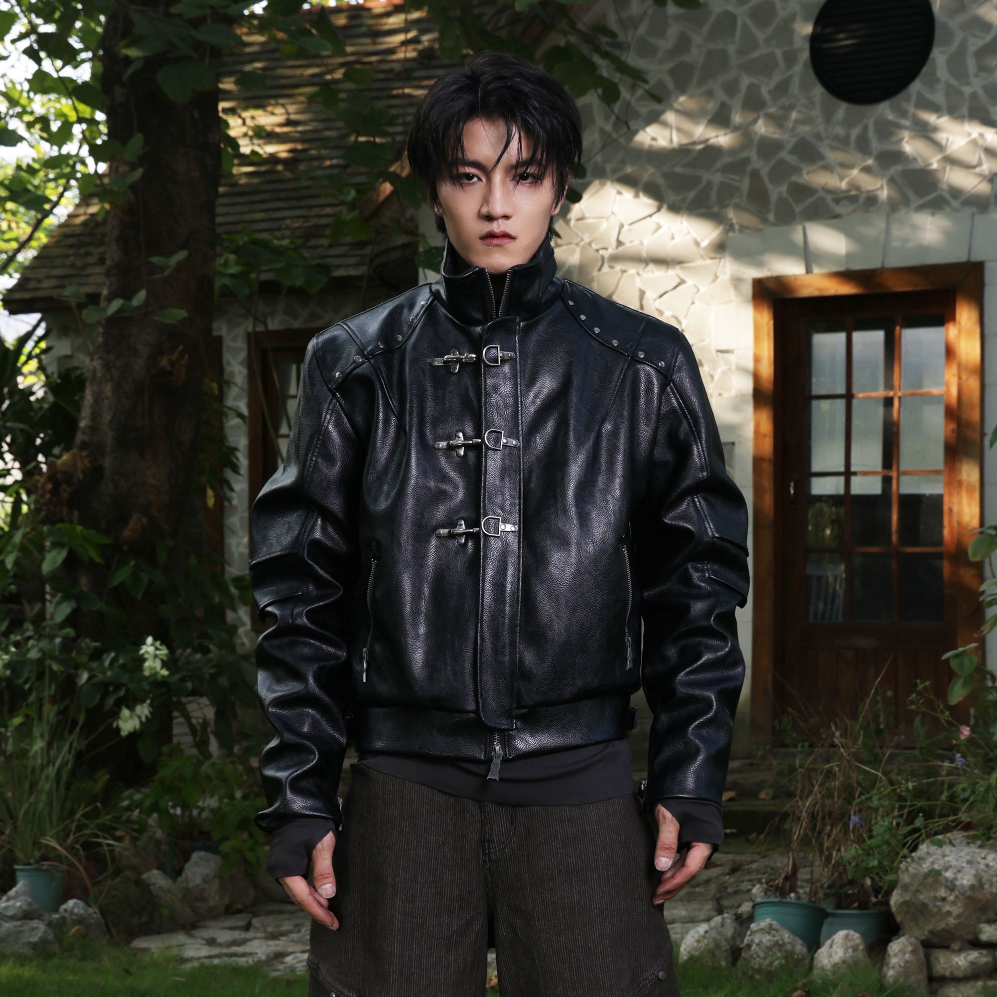 FLYERRER Hook-Buckle Faux Leather Rivet Jacket