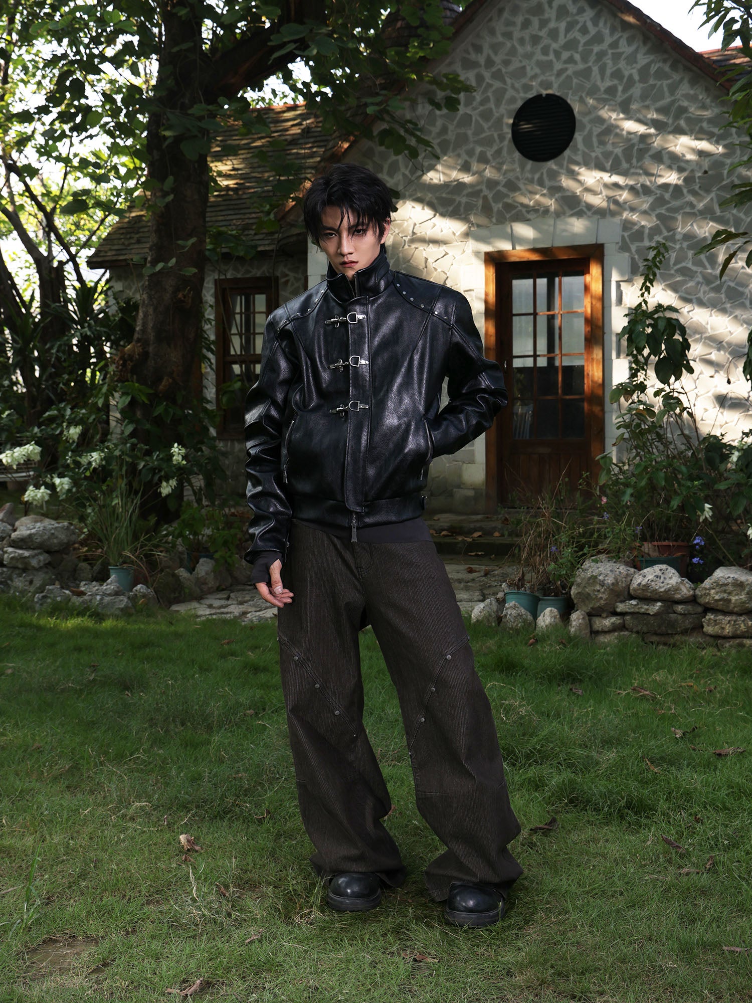 FLYERRER Hook-Buckle Faux Leather Rivet Jacket