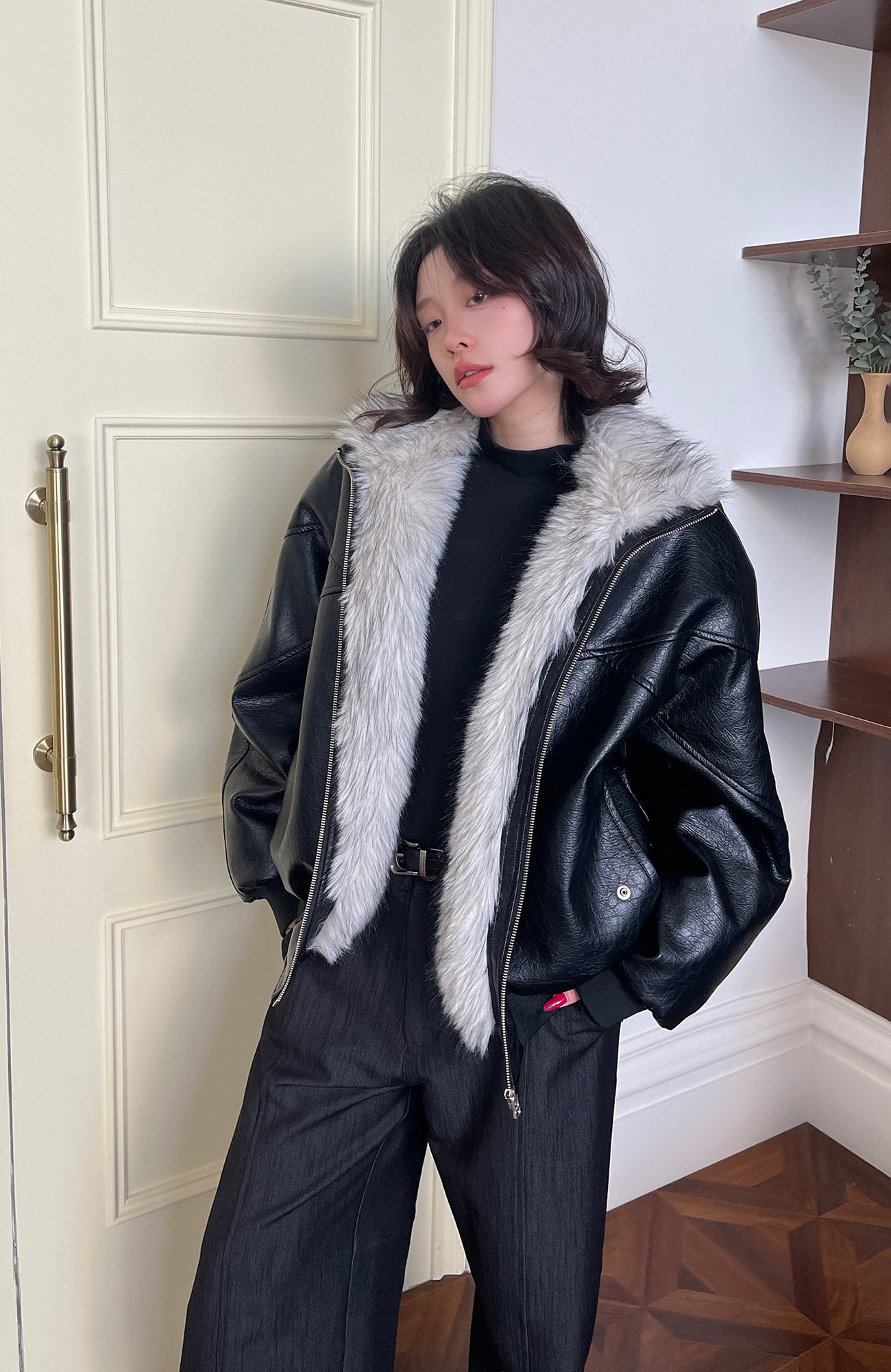 OKAYTHXBYE Faux Leather Fur-Lined Bomber