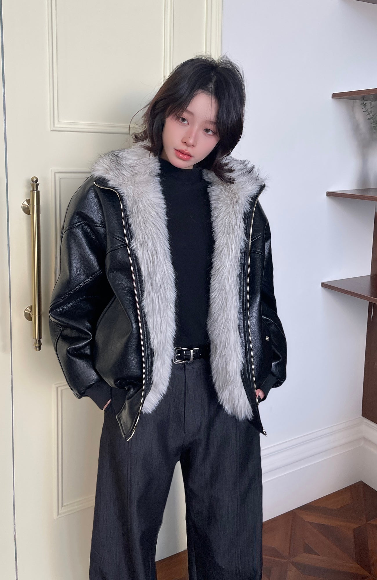 OKAYTHXBYE Faux Leather Fur-Lined Bomber