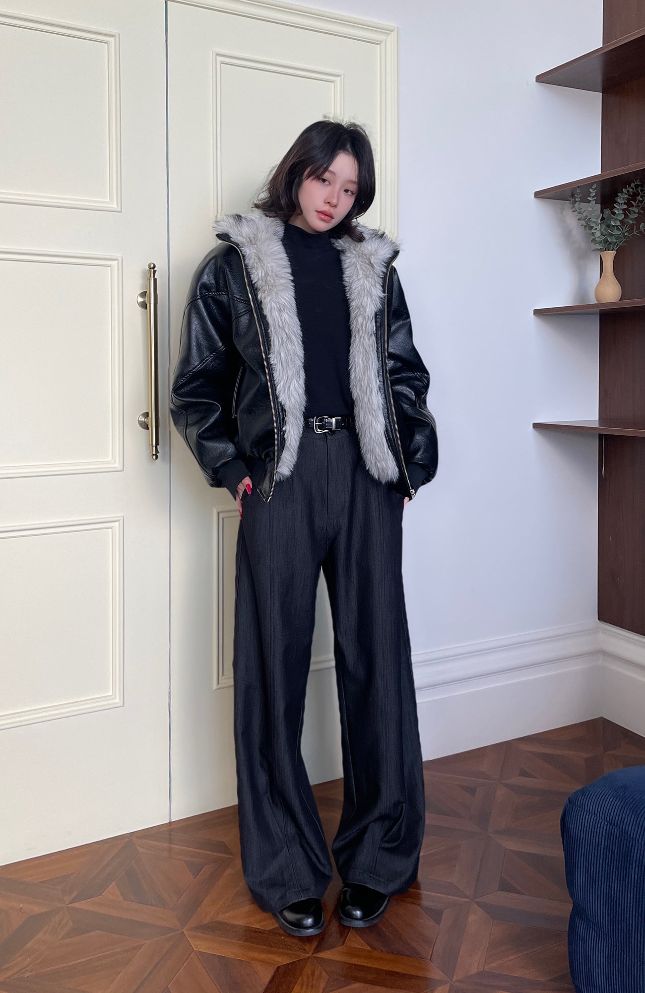 OKAYTHXBYE Faux Leather Fur-Lined Bomber