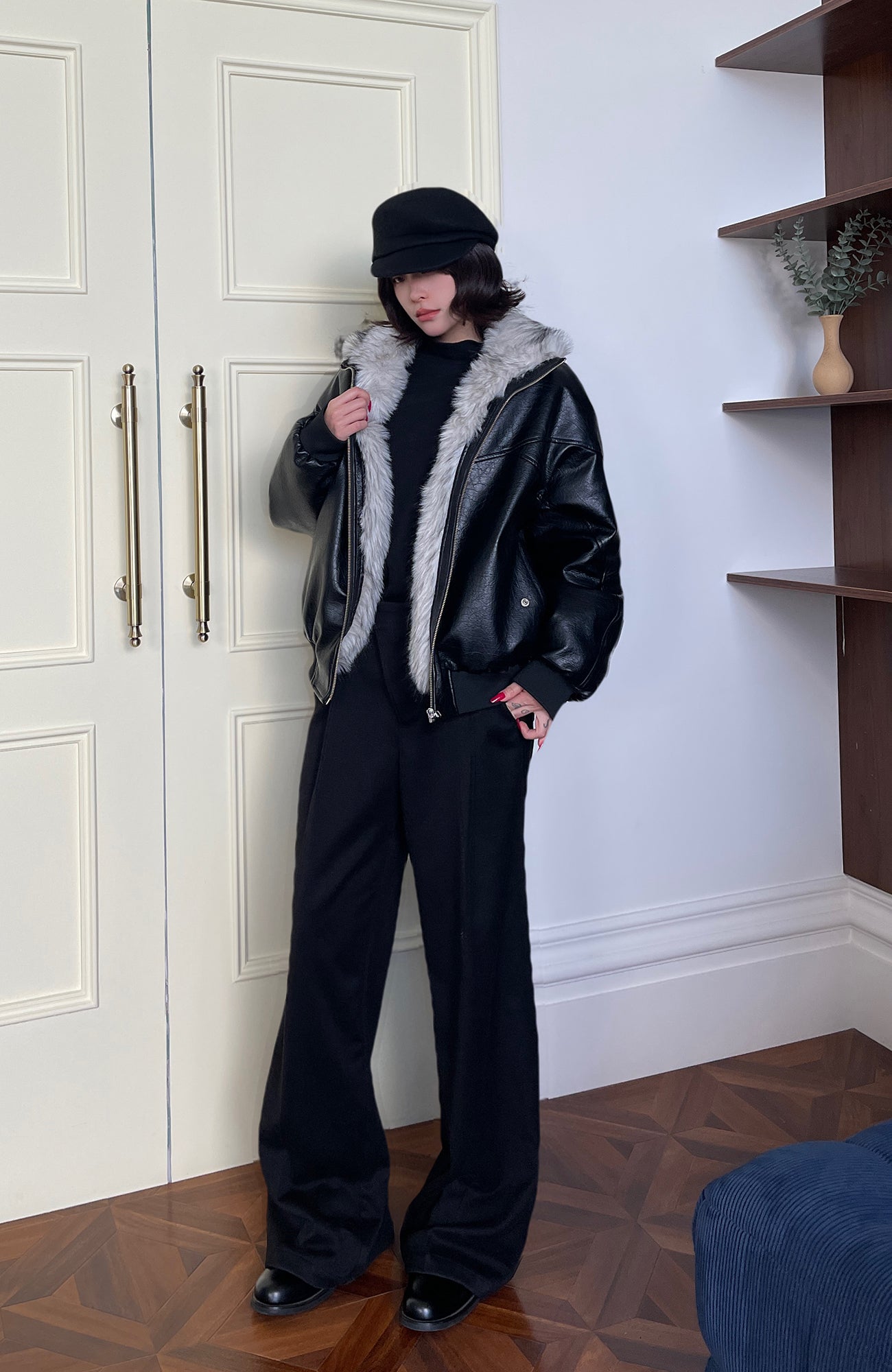 OKAYTHXBYE Faux Leather Fur-Lined Bomber