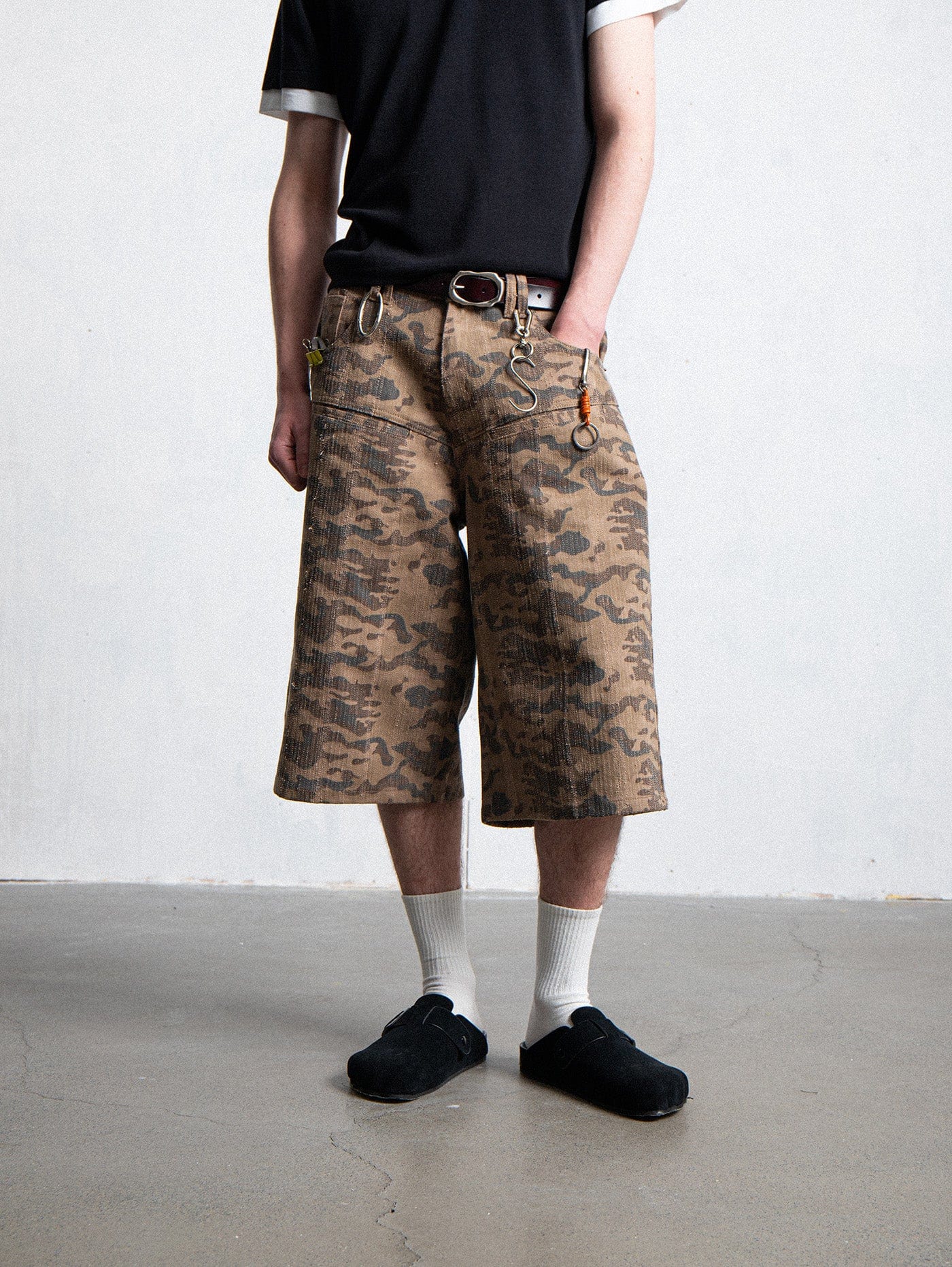 LEONSENSE Deconstructed Camo Cargo Shorts, premium urban and streetwear designers apparel on PROJECTISR.com, LEONSENSE